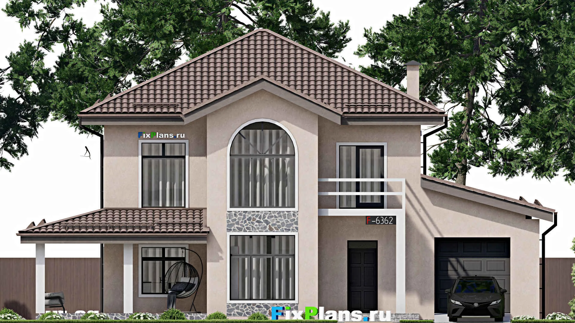 F-6362 - Проект двухэтажного дома 15 на 15, площадью 240 м² с террасой, балконом, баней, гаражом на 1 машину и 3 спальнями