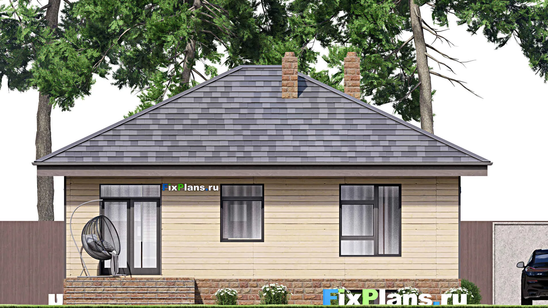 F-16775 - План одноэтажного дома 11 на 16, площадью 210 м² с террасой, цокольным этажом и 2 спальнями