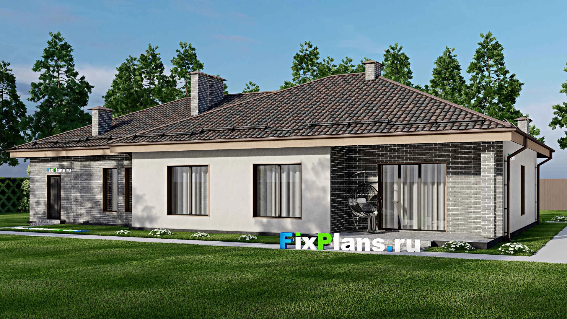 F-7136 - Проект одноэтажного дома 15 на 22, площадью 220 м² с террасой, баней, гаражом на 2 машины и 3 спальнями