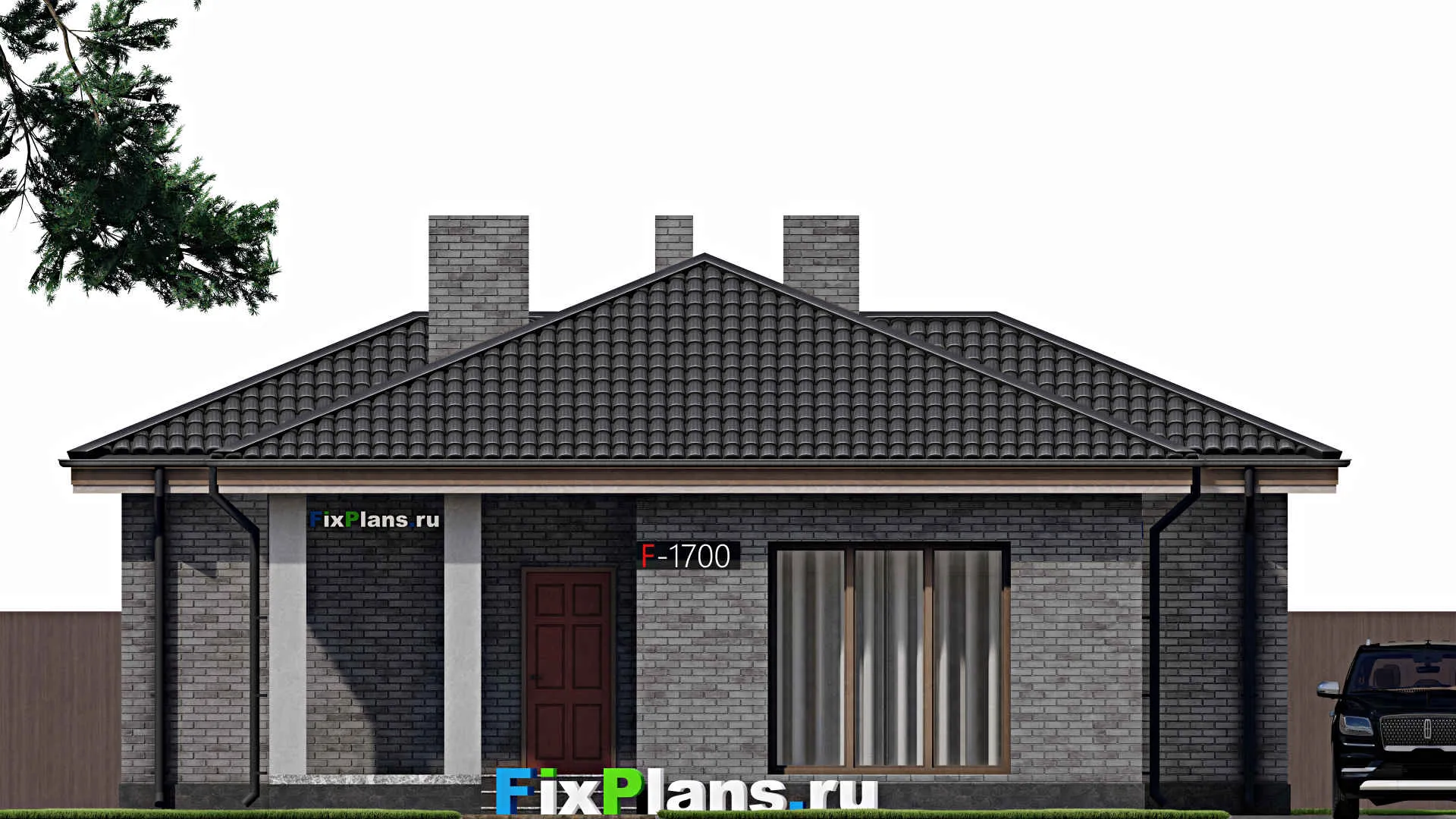 F-1700 - Проект одноэтажного дома 12 на 17, площадью 150 м² с террасой и 3 спальнями