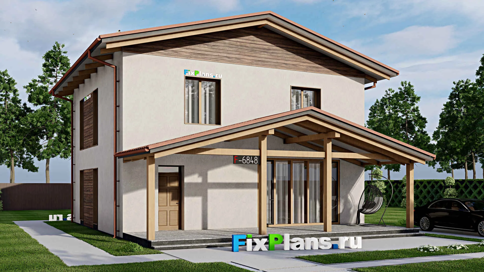 F-6848 - Проект дома с мансардой 11 на 13, площадью 180 м² с террасой и 4 спальнями