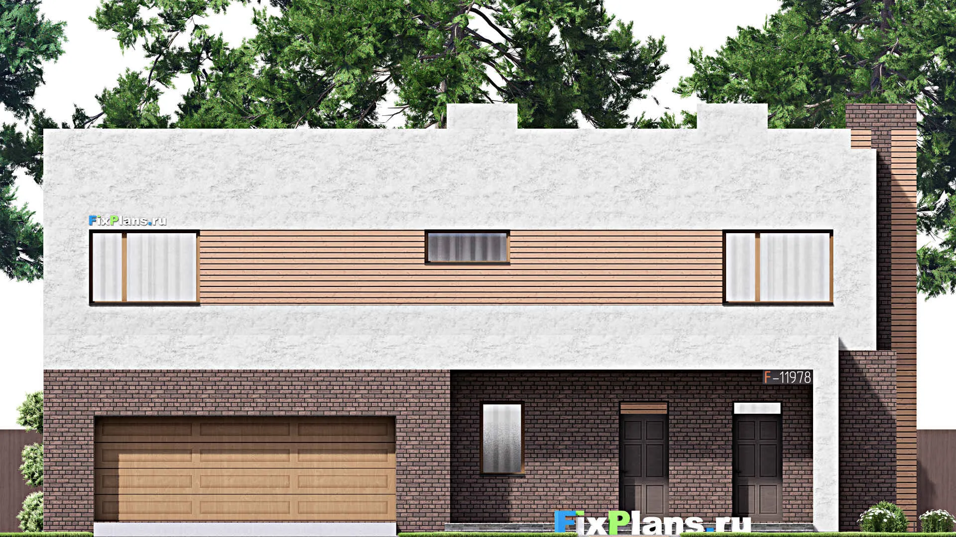 F-11978 - Проект двухэтажного дома 17 на 18, площадью 340 м² с террасой, балконом, гаражом на 2 машины и 3 спальнями