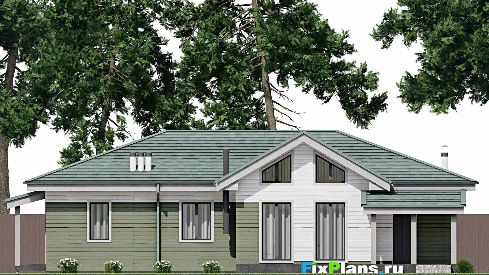 F-9791 - Проект одноэтажного дома 13 на 18, площадью 160 м² с террасой, гаражом на 1 машину и 2 спальнями