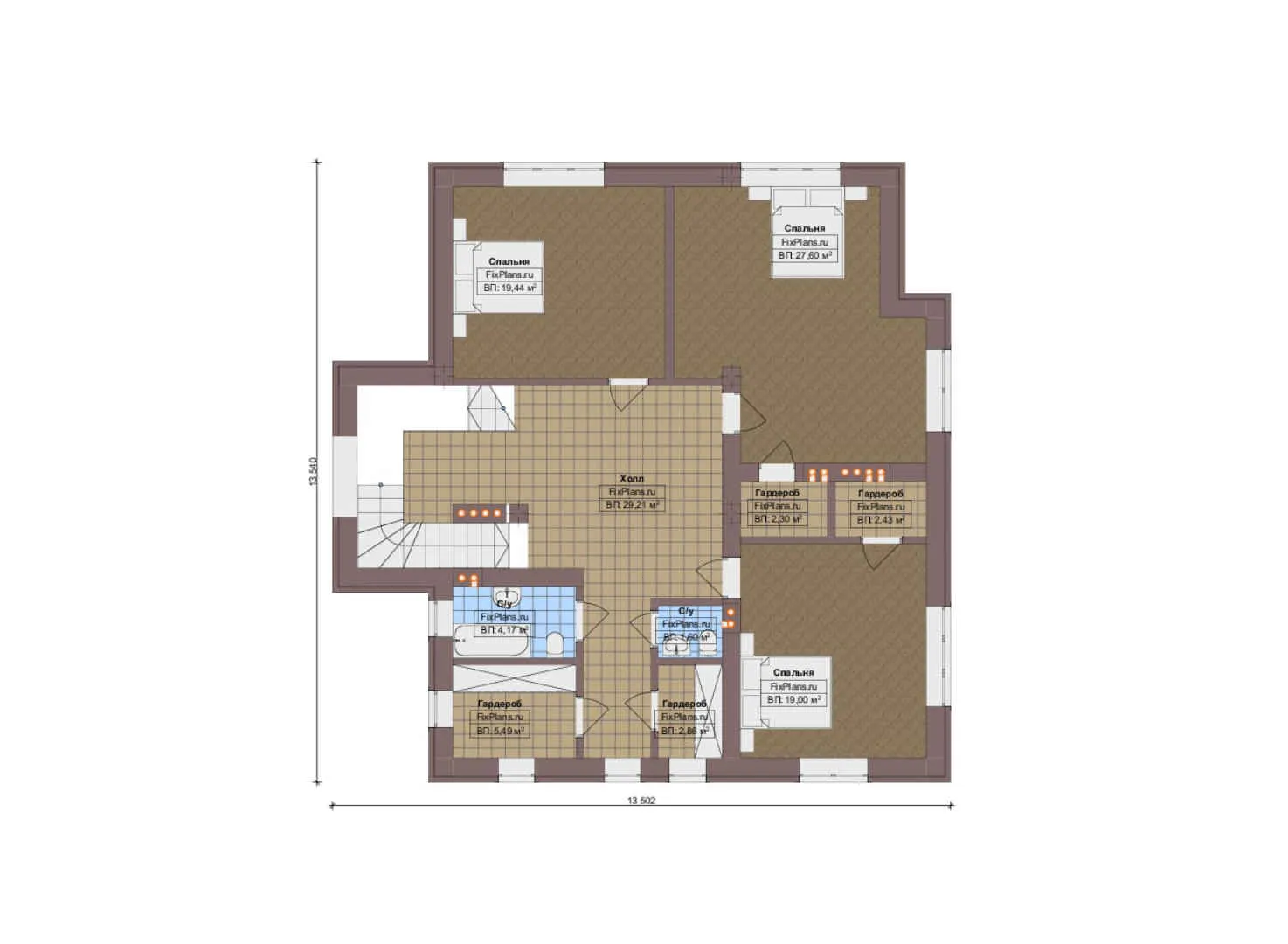 F-14399 - Планы двухэтажного дома 17 на 17, площадью 260 м² с террасой и 4 спальнями