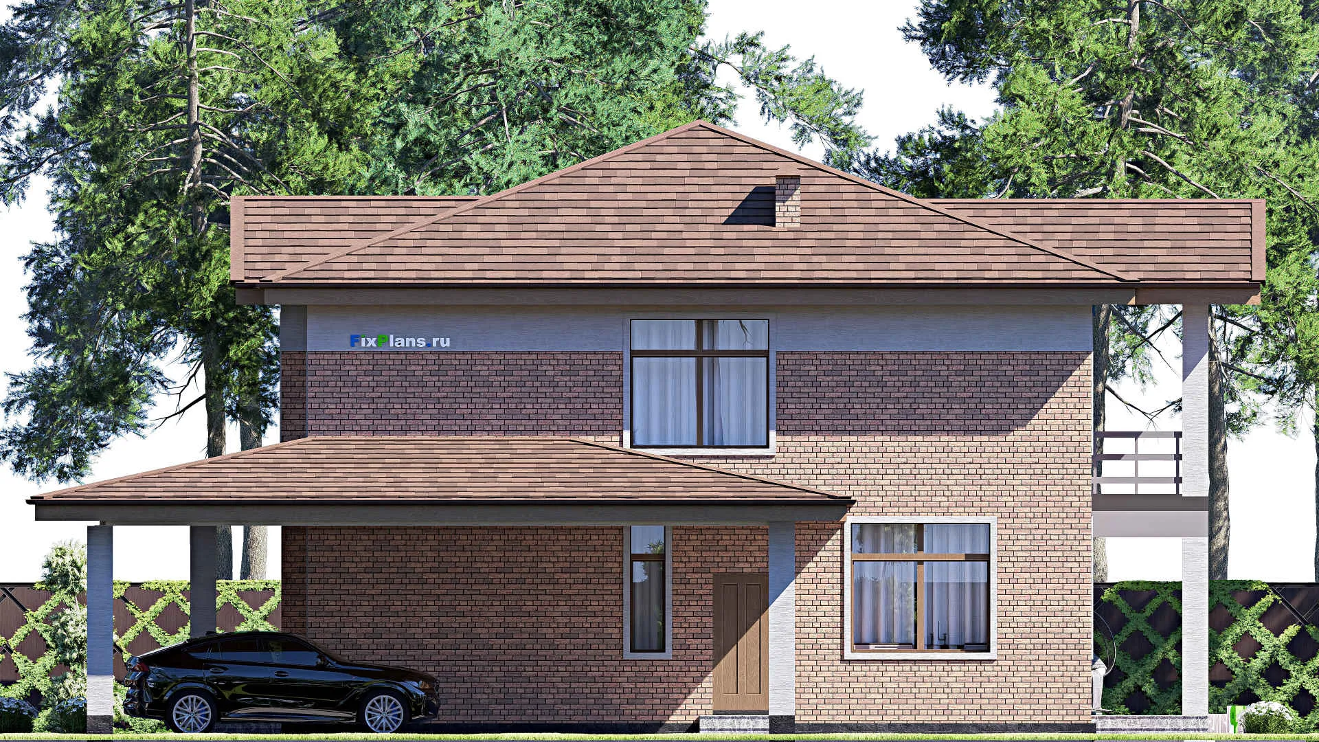 F-17063 - Планы двухэтажного дома 18 на 18, площадью 290 м² с террасой, балконом и 5 спальнями