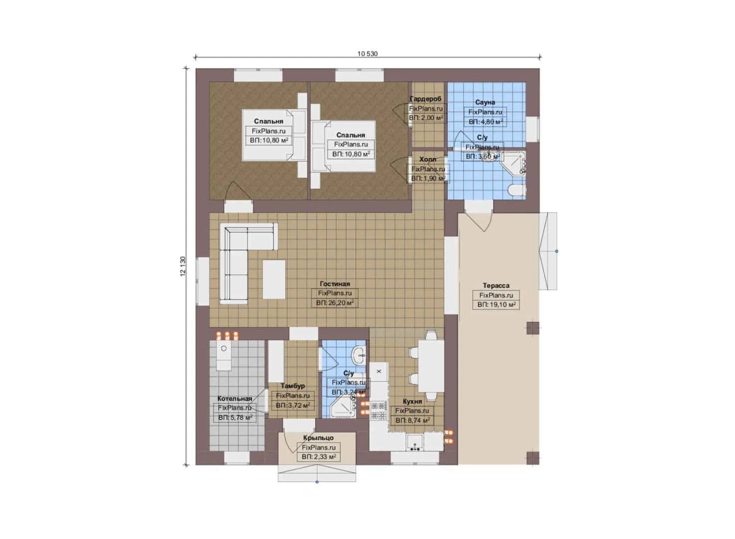 F-13562 - План одноэтажного дома 11 на 13, площадью 110 м² с террасой, баней и 2 спальнями