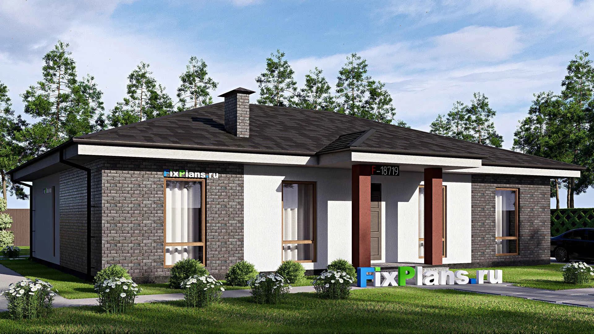 F-18719 - Проект одноэтажного дома 16 на 17, площадью 180 м² с террасой и 3 спальнями