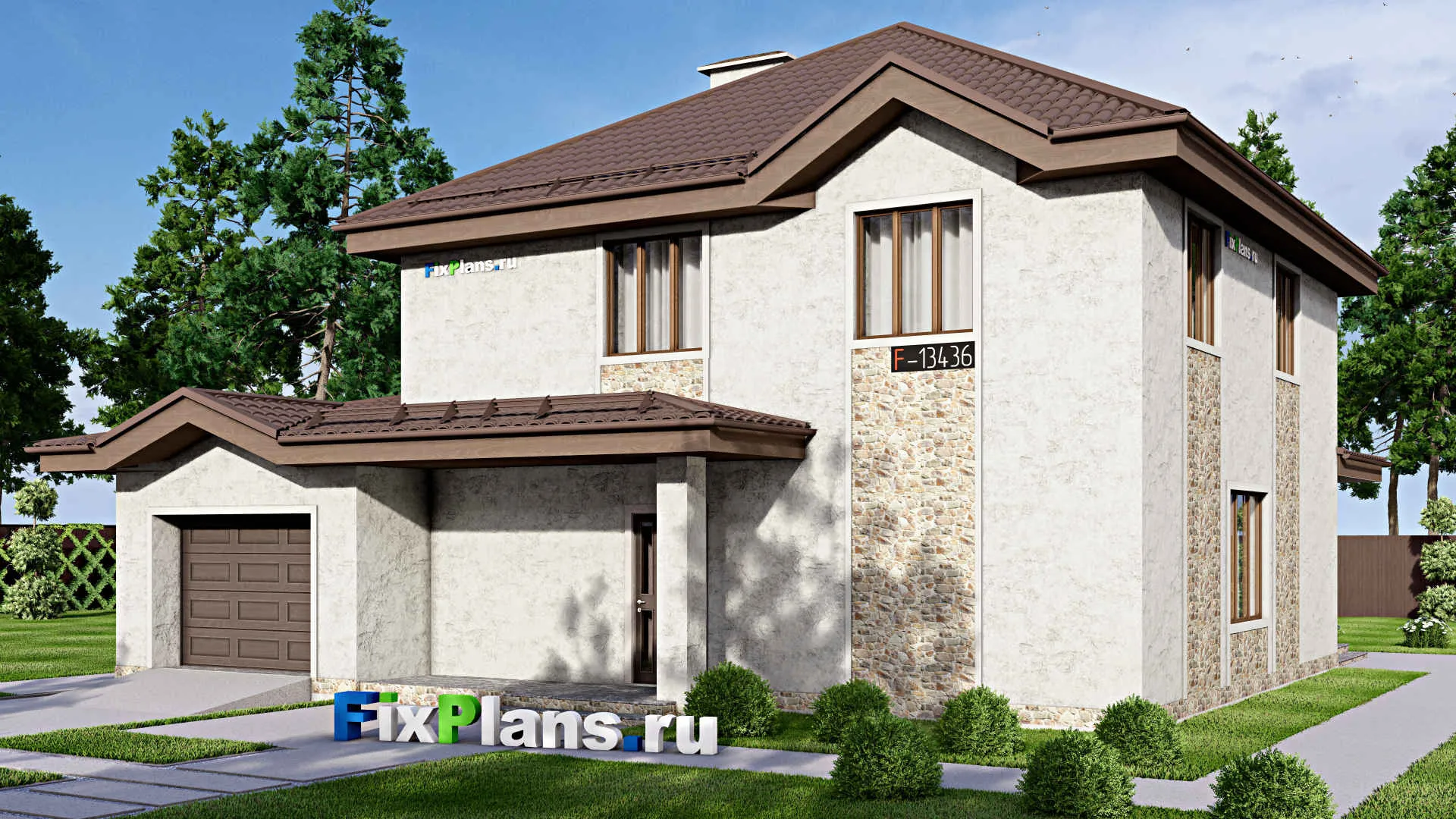 F-13436 - Проект двухэтажного дома 14 на 15, площадью 210 м² с террасой, баней, гаражом на 1 машину и 3 спальнями