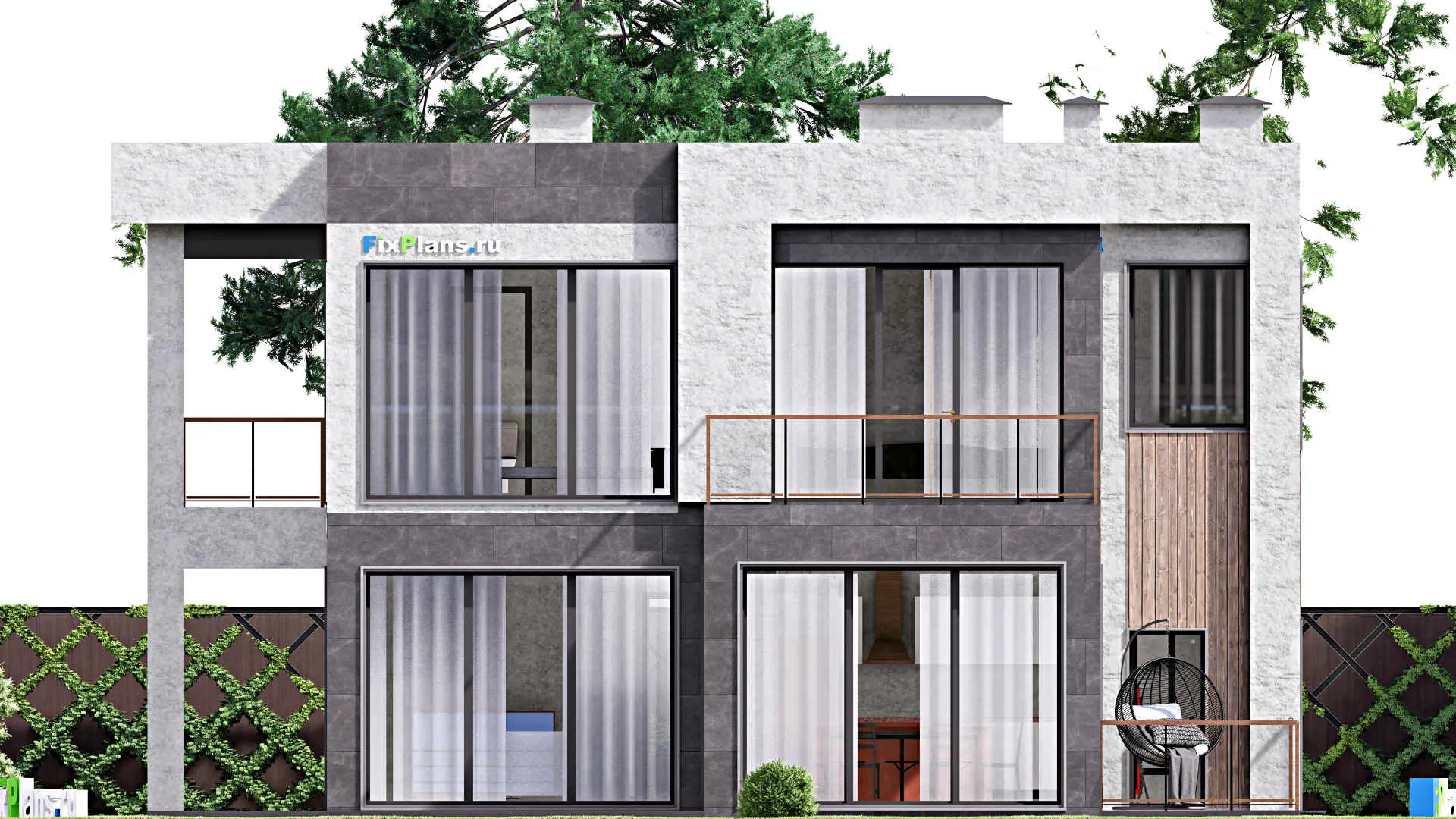 F-12689 - Проект двухэтажного дома 13 на 17, площадью 300 м² с террасой, балконом, баней и 5 спальнями