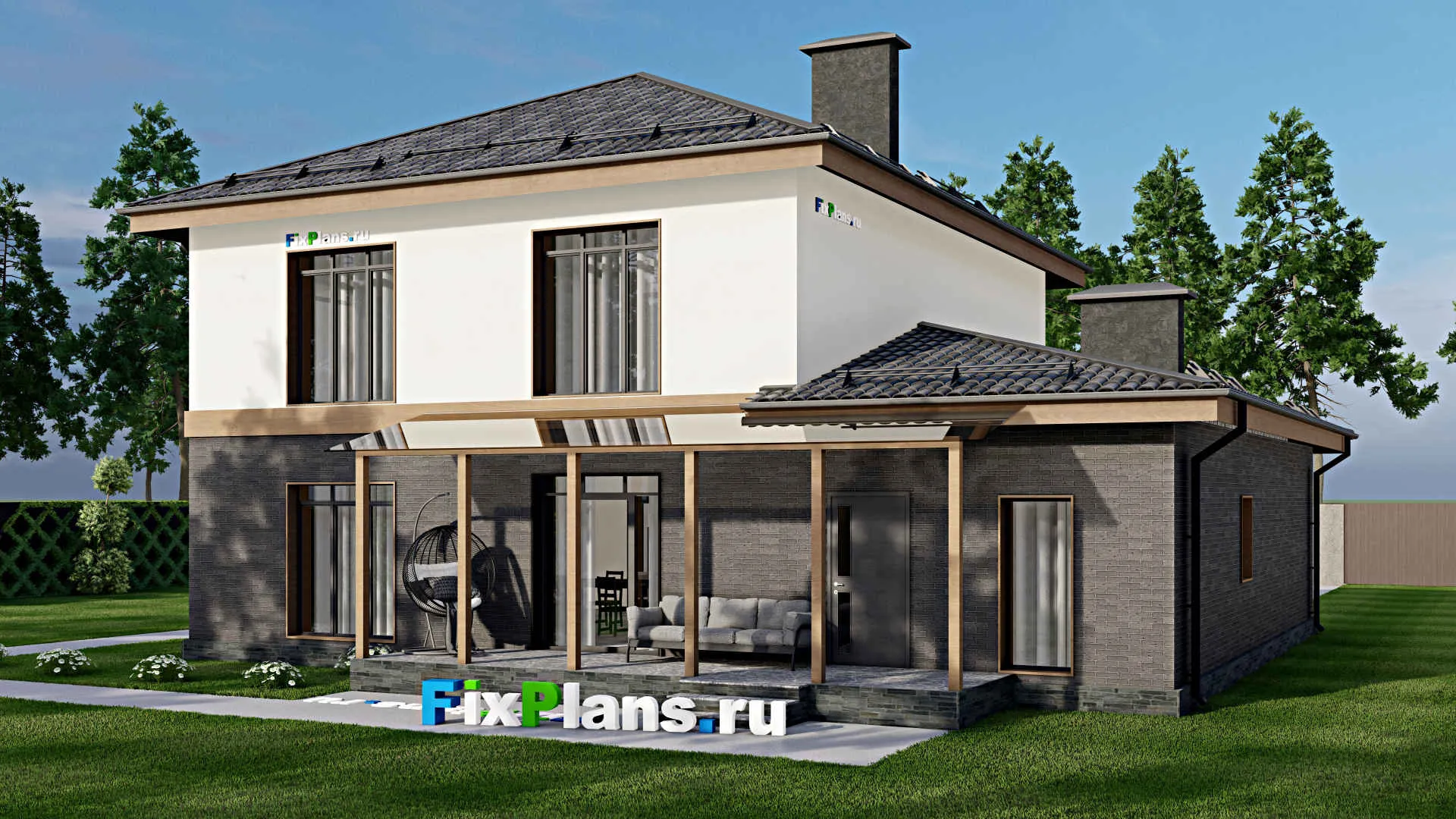 F-5813 - Проект двухэтажного дома 13 на 15, площадью 270 м² с террасой, балконом, гаражом на 2 машины и 5 спальнями