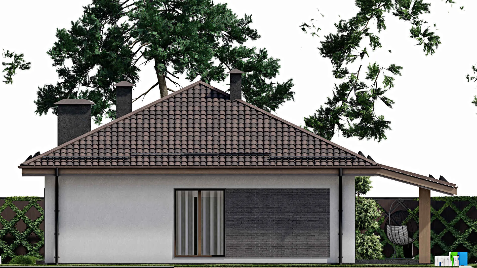 F-6713 - План одноэтажного дома 11 на 14, площадью 140 м² с террасой и 3 спальнями