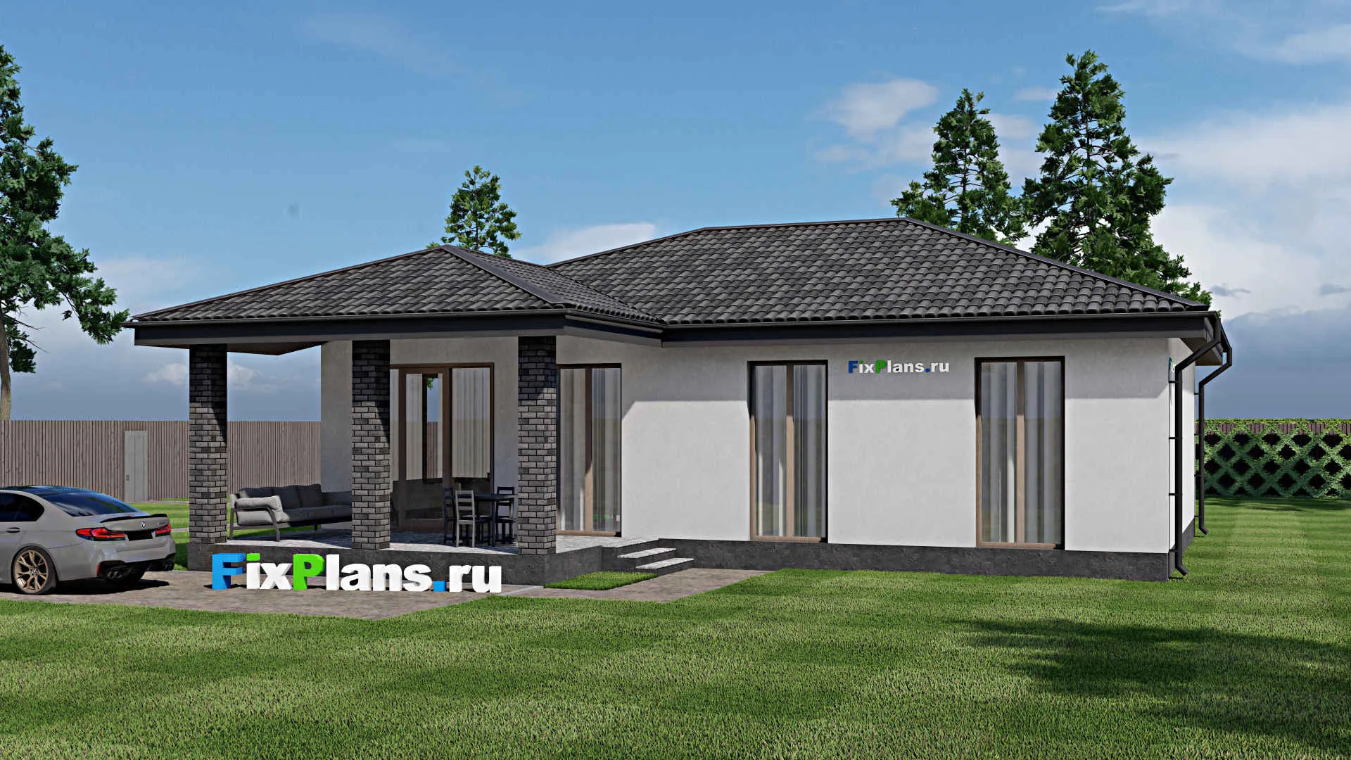 F-1727 - План одноэтажного дома 10 на 15, площадью 140 м² с террасой и 3 спальнями