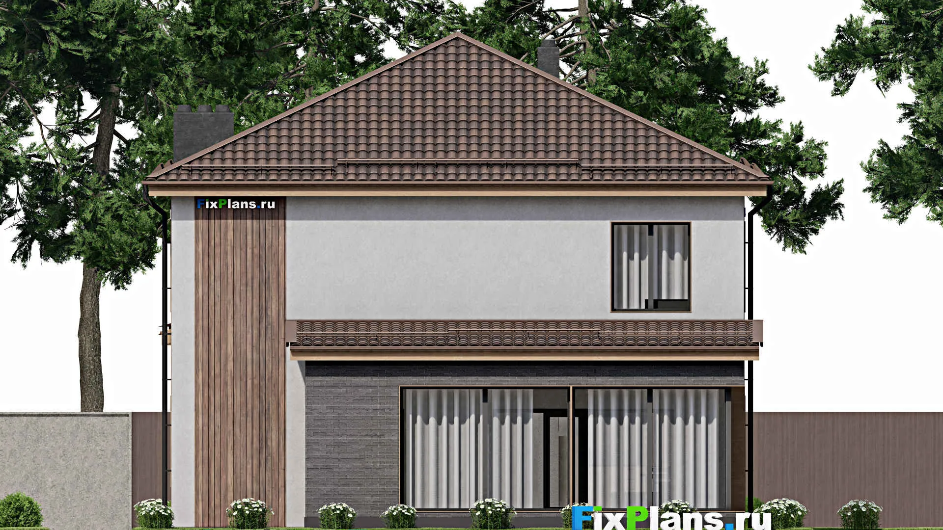 F-7964 - Проект двухэтажного дома 12 на 17, площадью 230 м² с террасой, баней и 4 спальнями