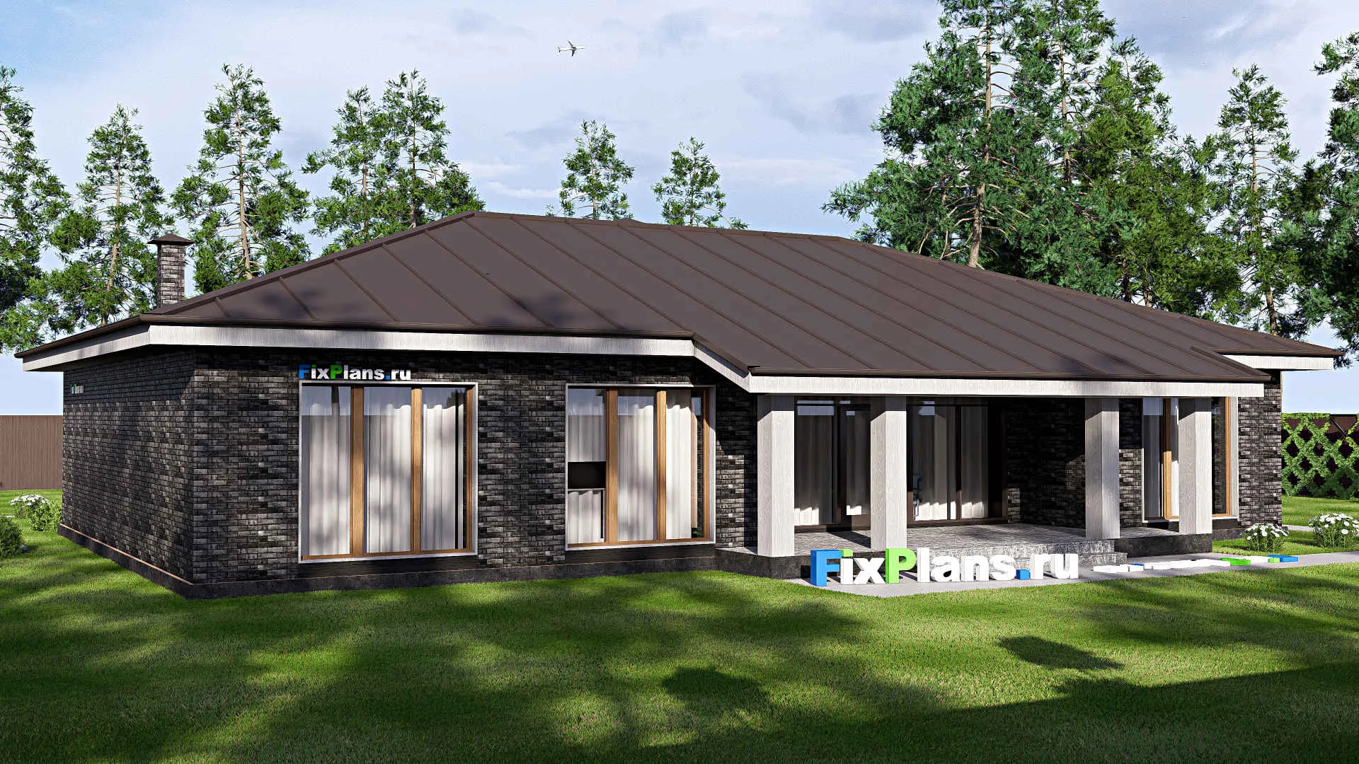 F-17747 - План одноэтажного дома 15 на 21, площадью 220 м² с террасой и 3 спальнями