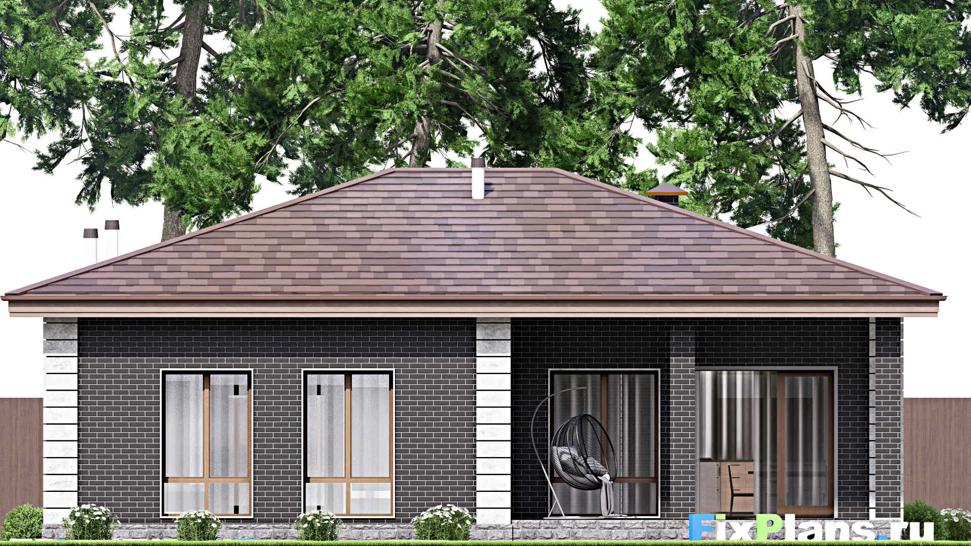 F-13985 - План одноэтажного дома 13 на 14, площадью 130 м² с террасой и 3 спальнями