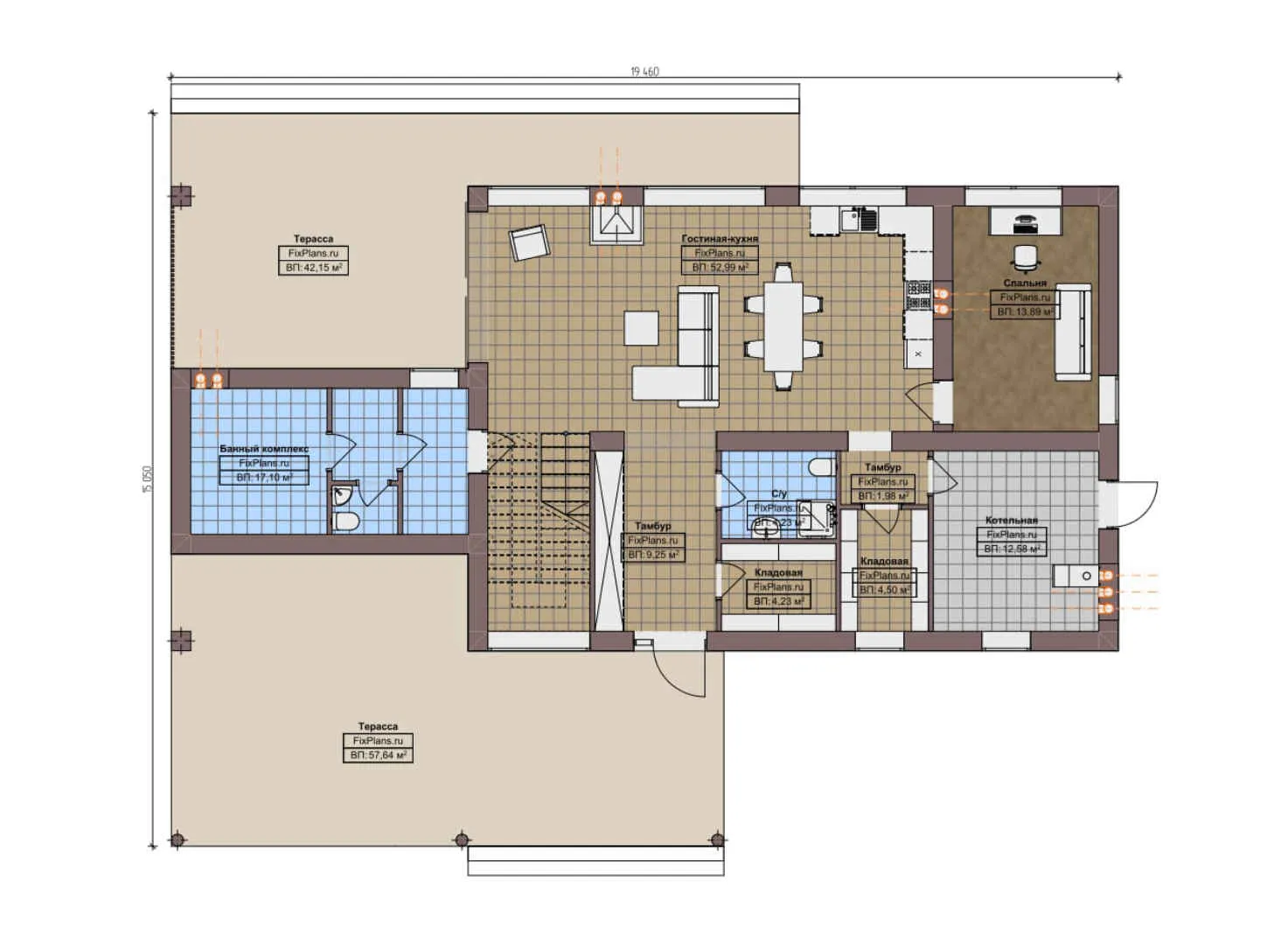 F-4931 - Планы двухэтажного дома 16 на 20, площадью 360 м² с террасой и 4 спальнями