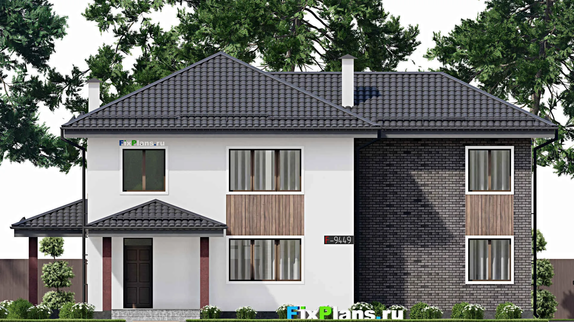 F-9449 - Проект двухэтажного дома 15 на 17, площадью 230 м² с террасой и 5 спальнями