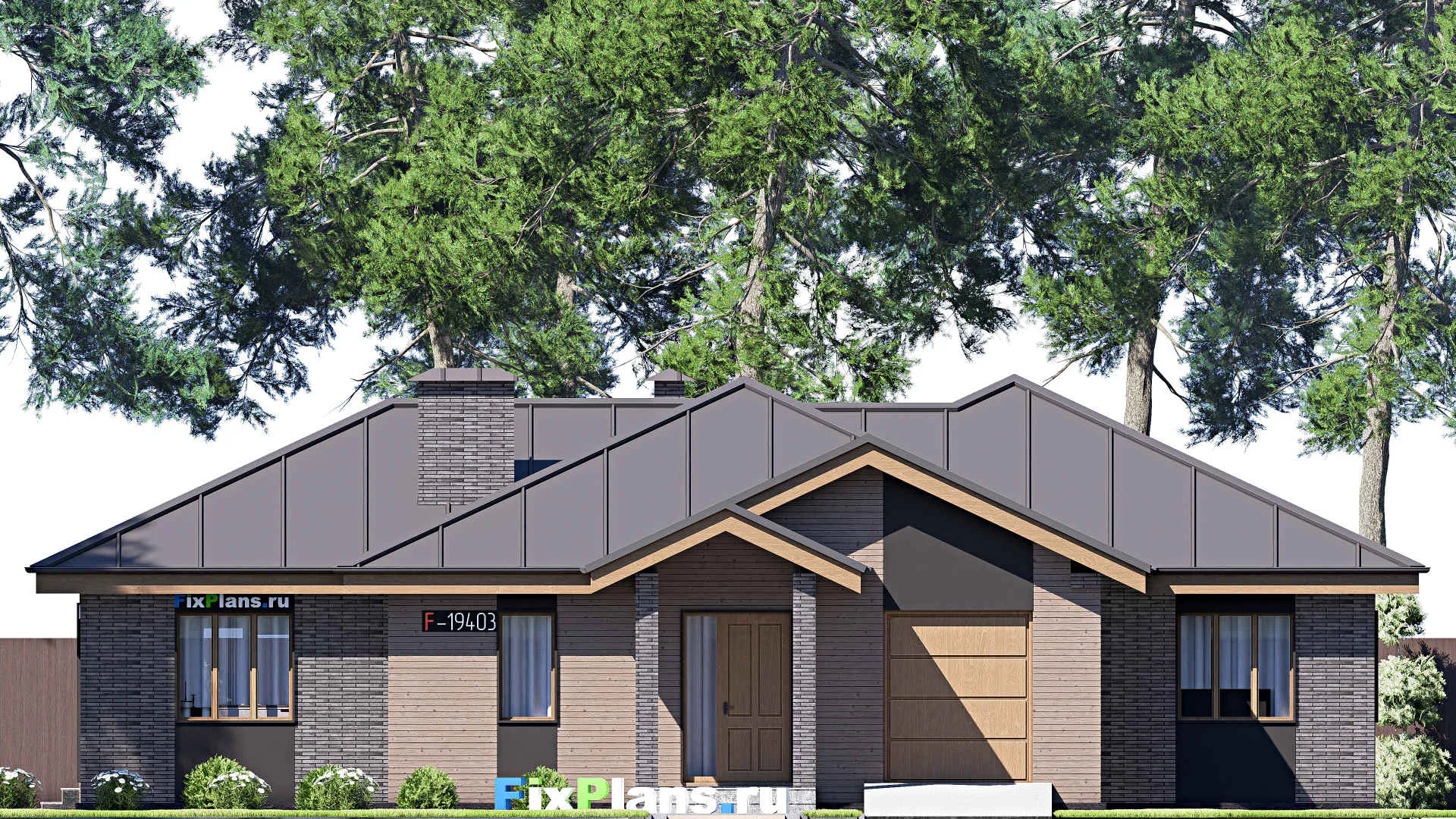 F-19403 - План одноэтажного дома 18 на 19, площадью 230 м² с террасой, гаражом на 1 машину и 4 спальнями