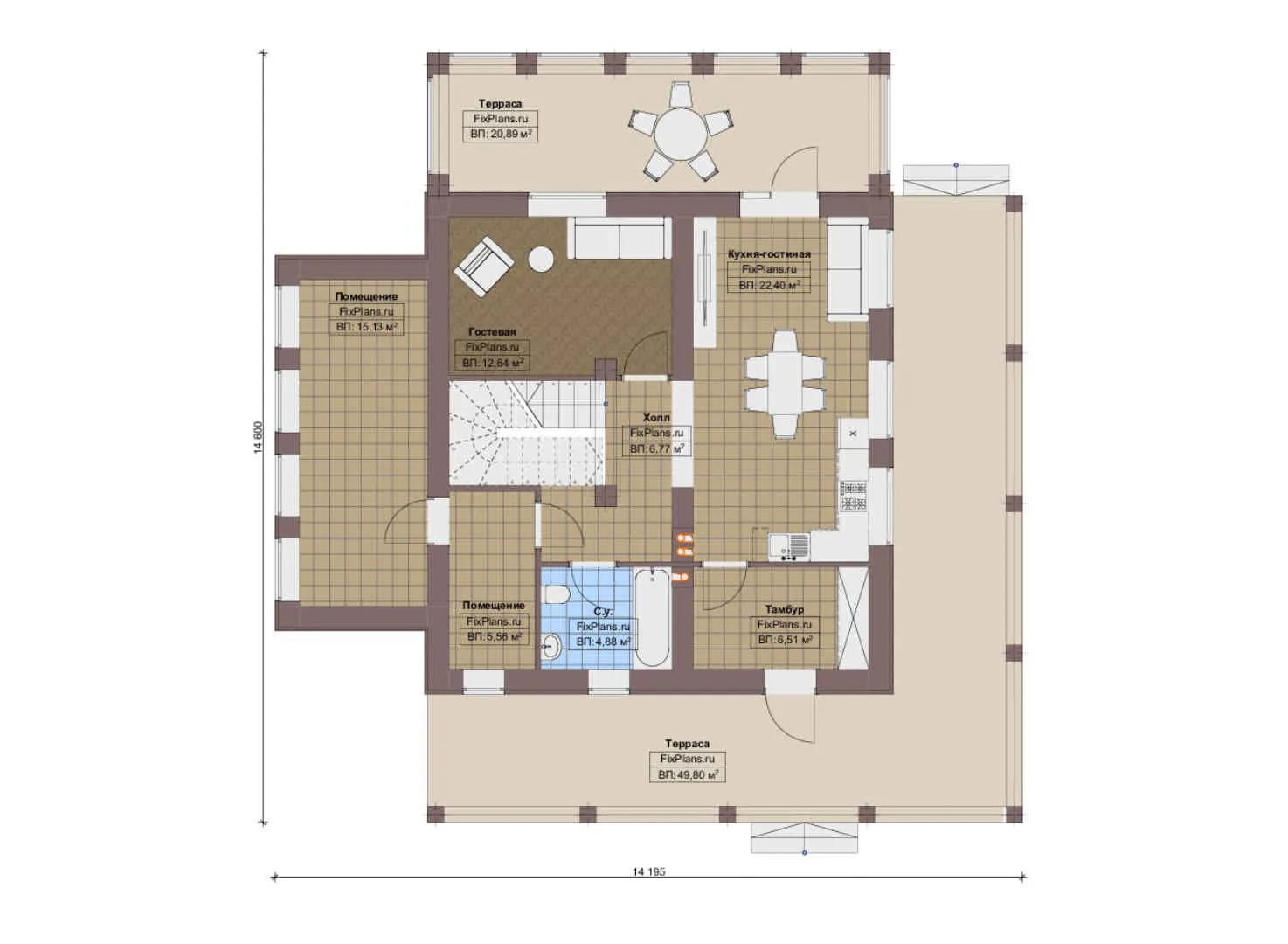 F-20078 - Планы дома с мансардой 15 на 15, площадью 260 м² с террасой, балконом и 3 спальнями