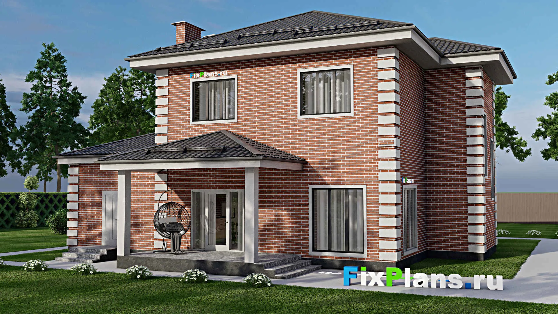 F-3608 - Проект двухэтажного дома 15 на 16, площадью 270 м² с террасой, балконом, гаражом на 2 машины и 4 спальнями