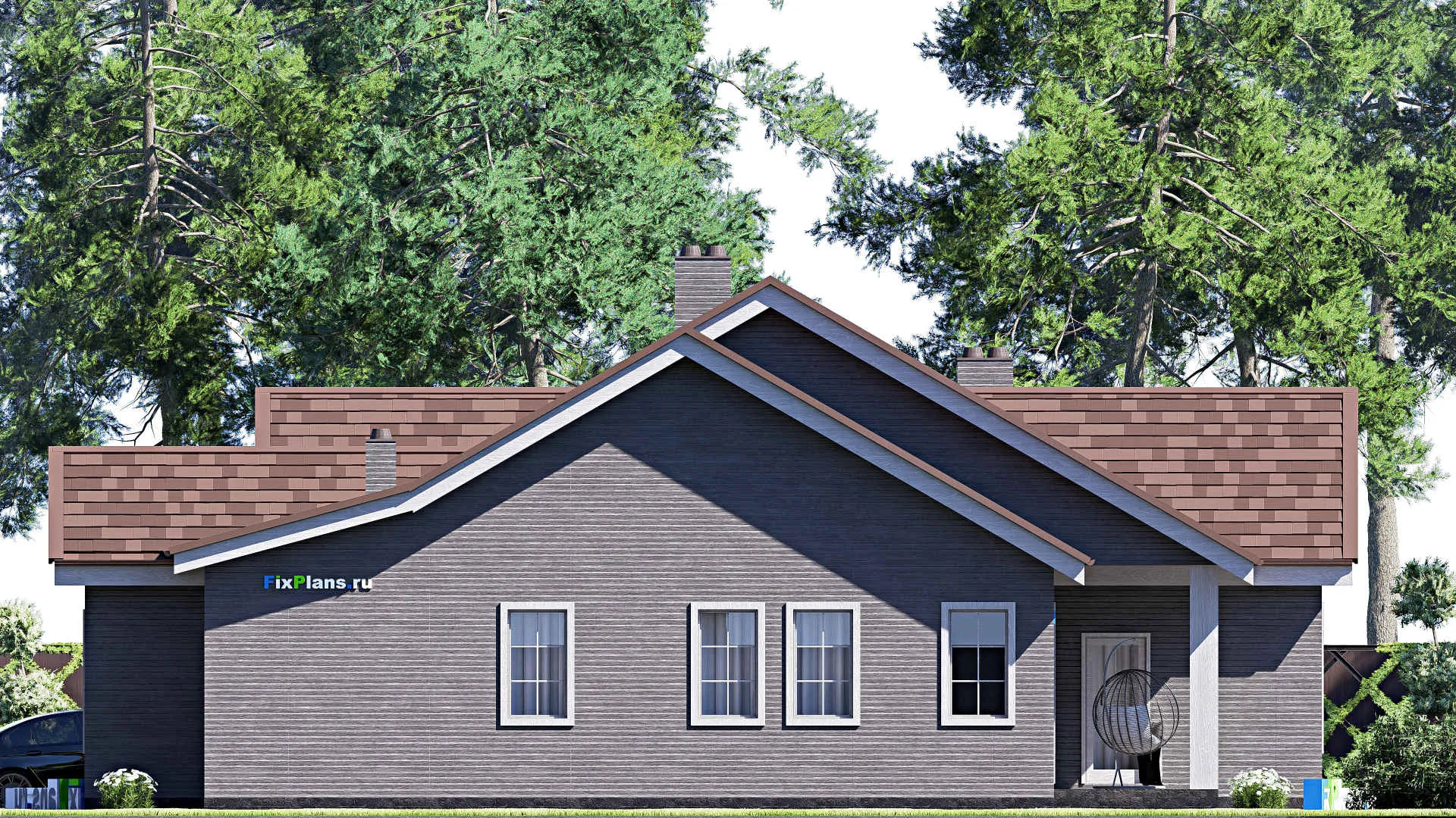 F-17117 - Проект одноэтажного дома 18 на 23, площадью 270 м² с террасой, гаражом на 2 машины и 4 спальнями