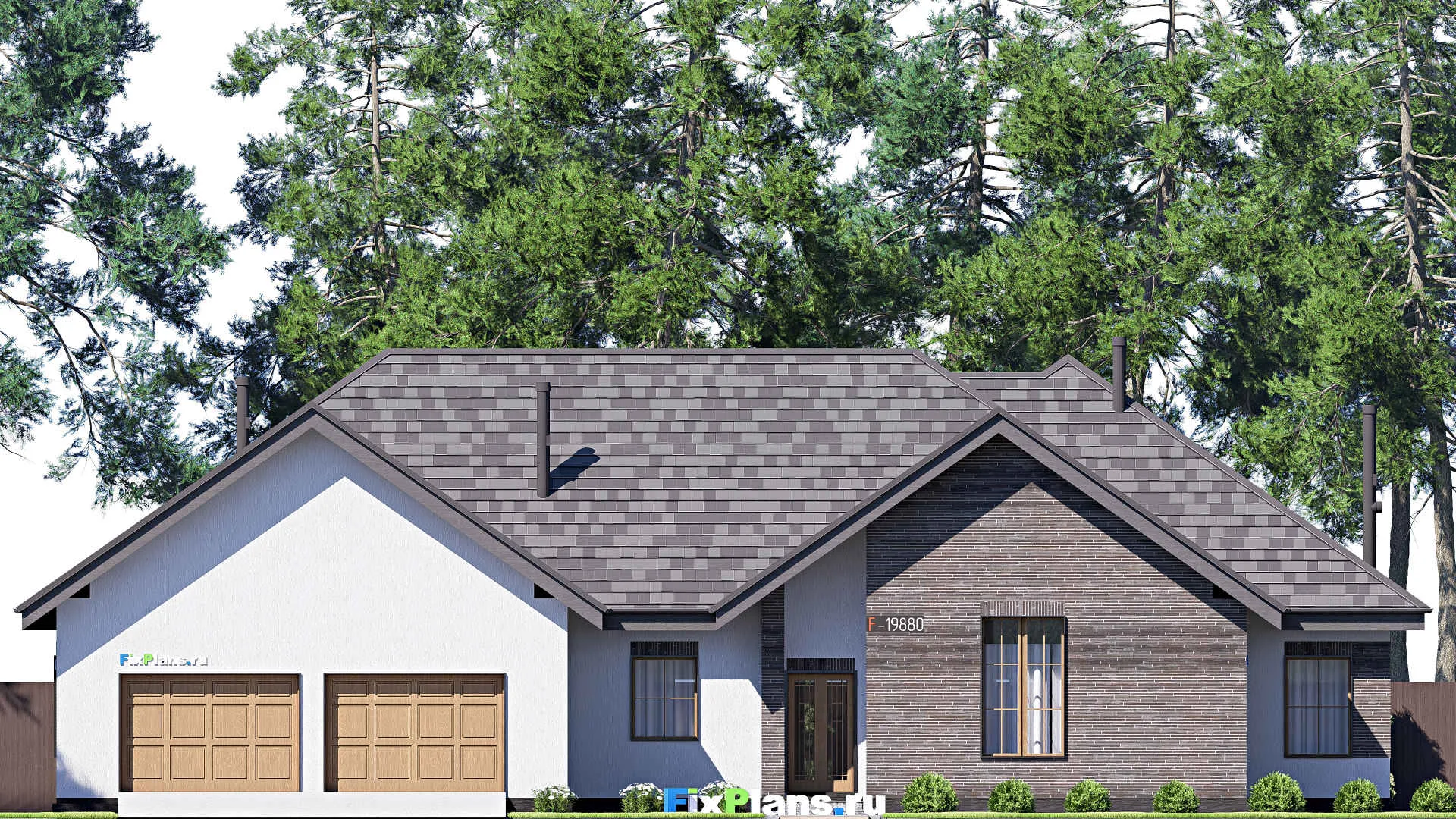 F-19880 - Проект одноэтажного дома 18 на 24, площадью 280 м² с террасой, гаражом на 2 машины и 3 спальнями