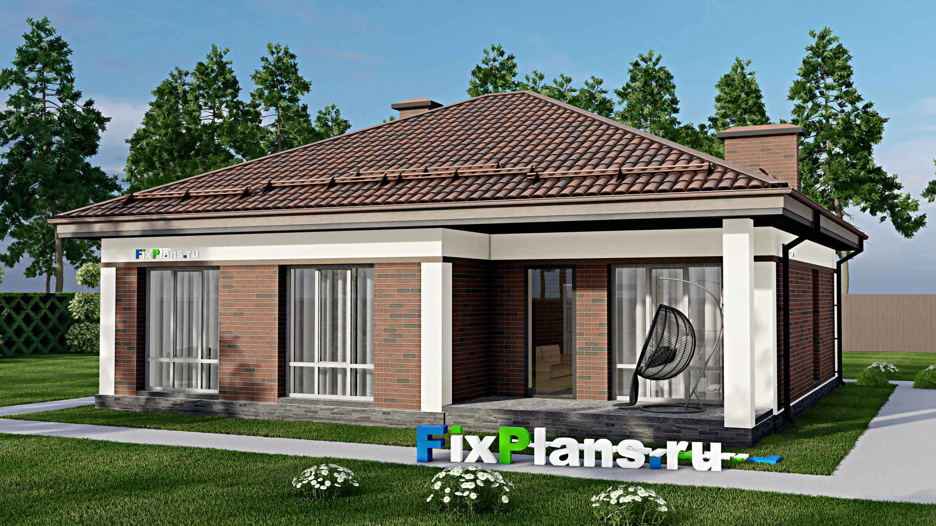 F-6578 - План одноэтажного дома 12 на 13, площадью 120 м² с террасой и 3 спальнями