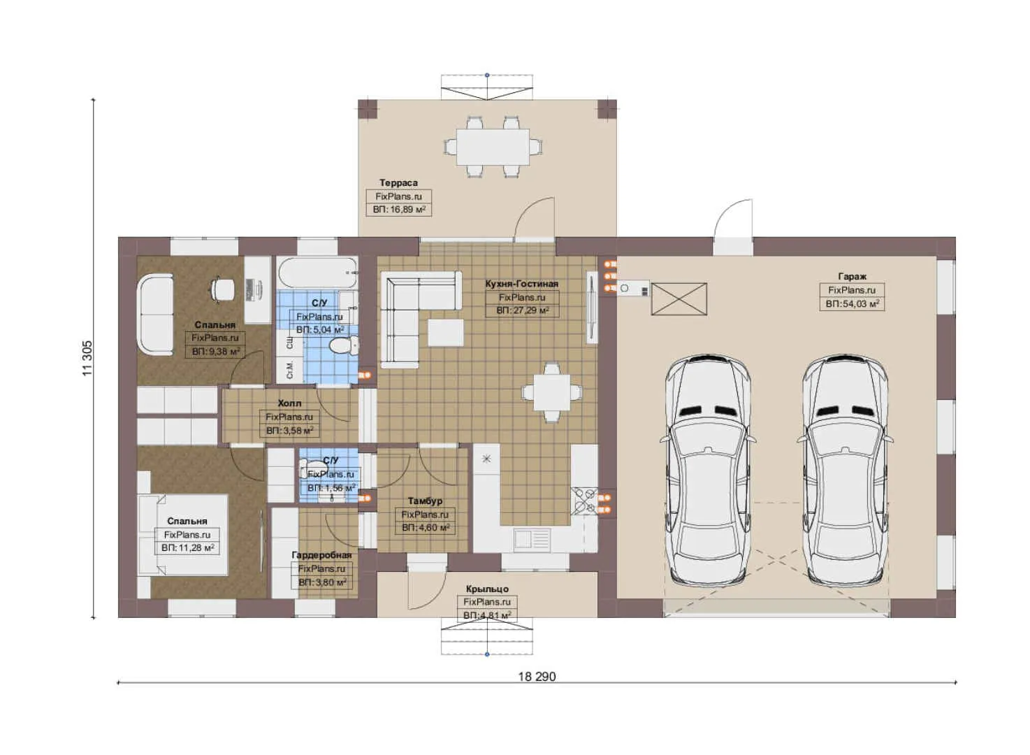 F-19979 - План одноэтажного дома 12 на 19, площадью 150 м² с террасой, гаражом на 2 машины и 2 спальнями