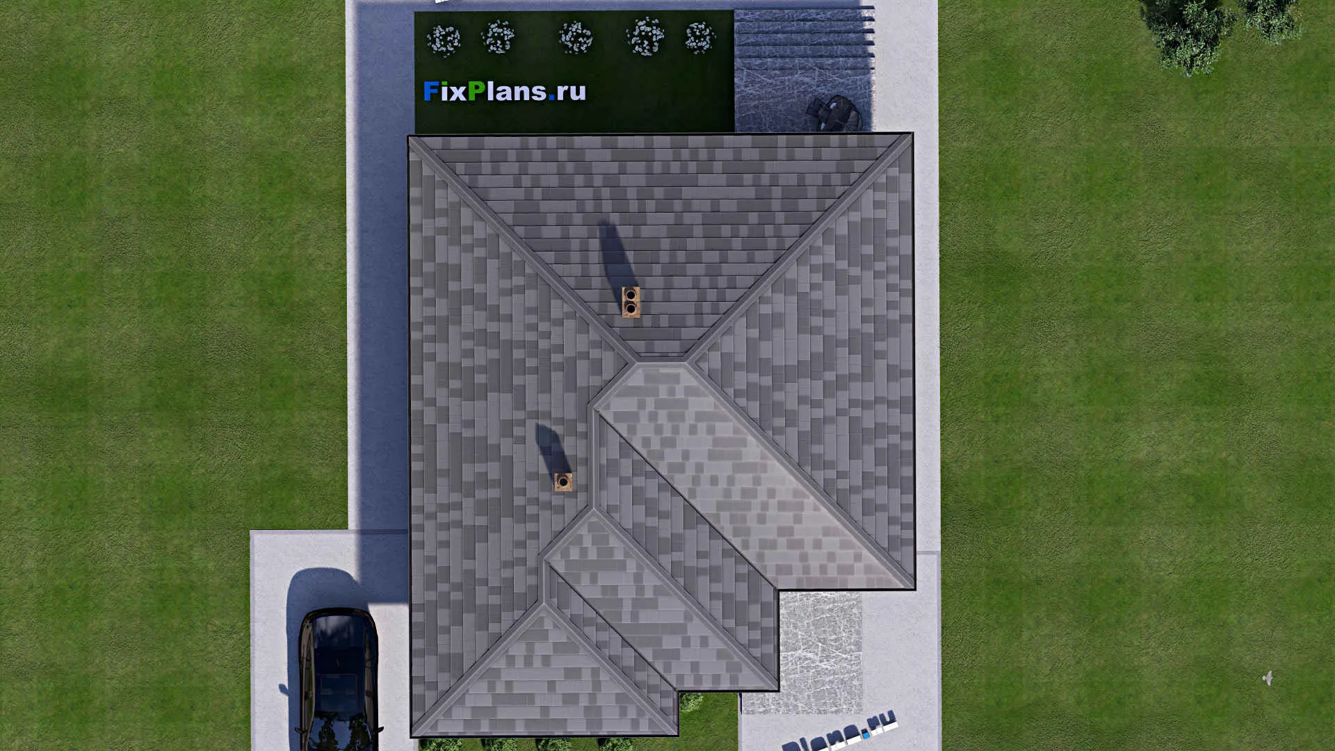 F-16775 - План одноэтажного дома 11 на 16, площадью 210 м² с террасой, цокольным этажом и 2 спальнями