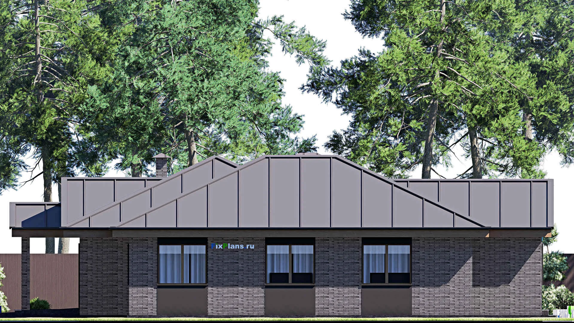 F-19403 - План одноэтажного дома 18 на 19, площадью 230 м² с террасой, гаражом на 1 машину и 4 спальнями