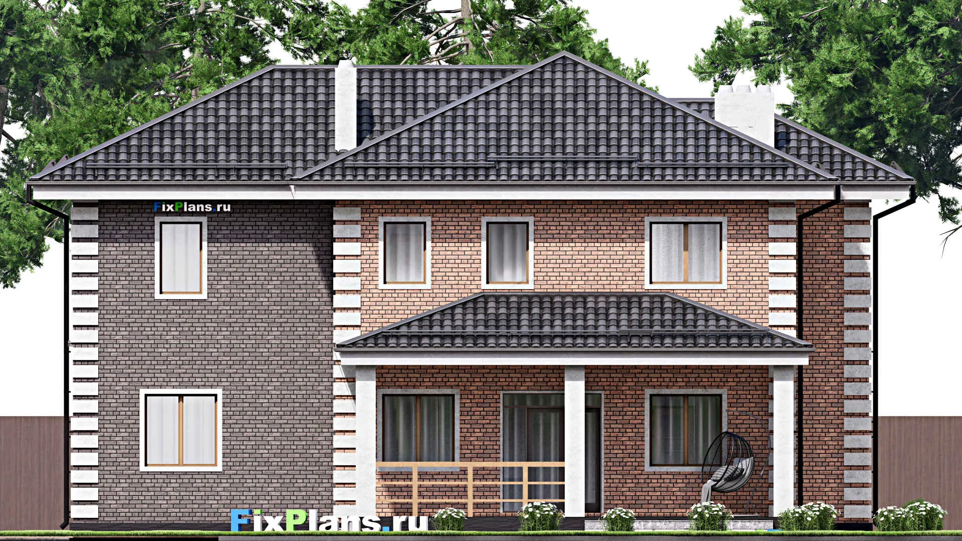 F-13733 - Проект двухэтажного дома 14 на 16, площадью 260 м² с террасой, гаражом на 1 машину и 4 спальнями