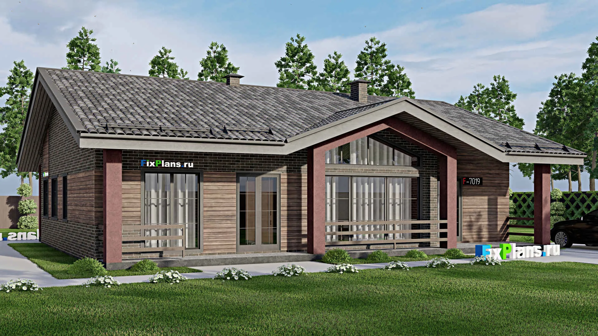 F-7019 - Проект одноэтажного дома 15 на 17, площадью 200 м² с террасой и 3 спальнями