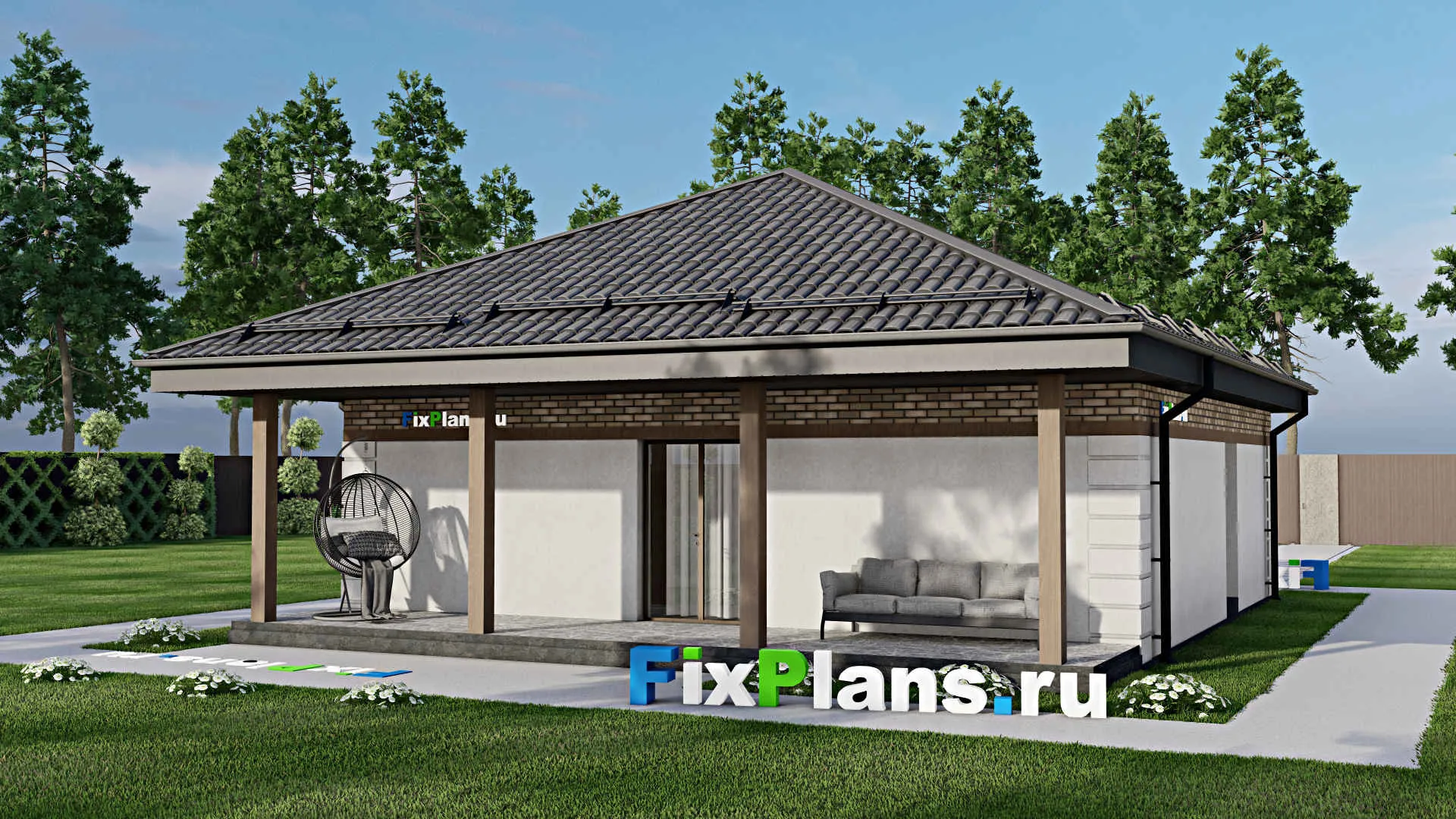 F-7586 - Проект одноэтажного дома 10 на 14, площадью 110 м² с террасой и 2 спальнями