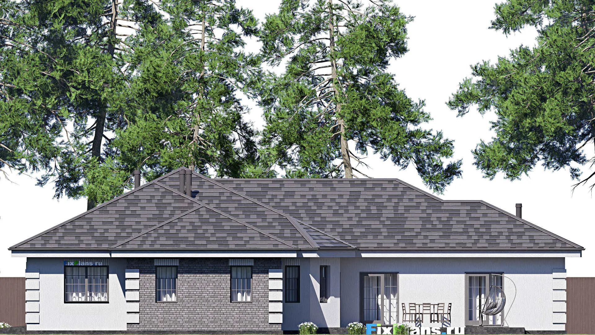 F-19934 - Проект одноэтажного дома 22 на 24, площадью 300 м² с террасой, гаражом на 2 машины и 3 спальнями