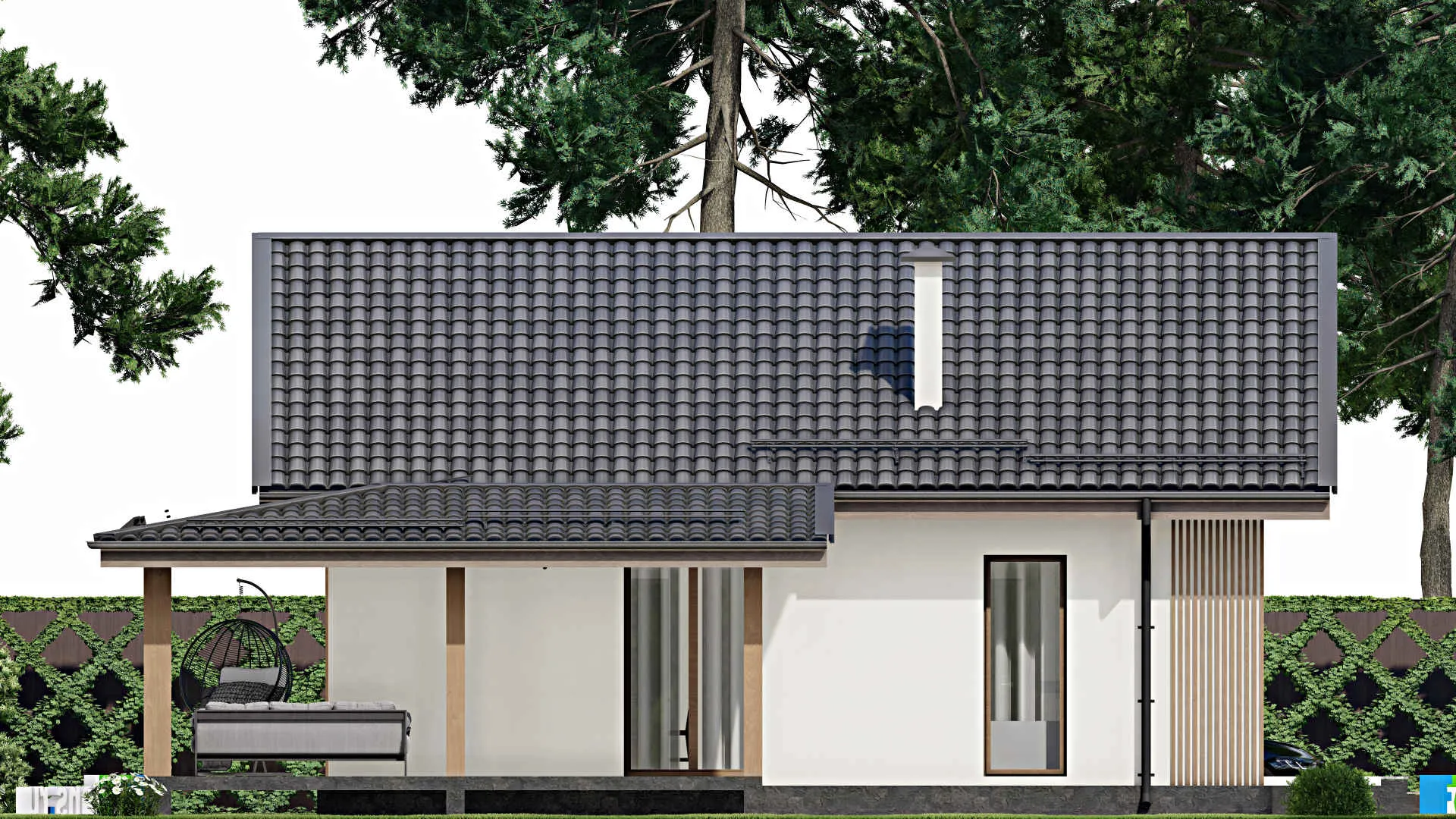 F-3860 - План одноэтажного дома 11 на 11, площадью 120 м² с террасой и 3 спальнями