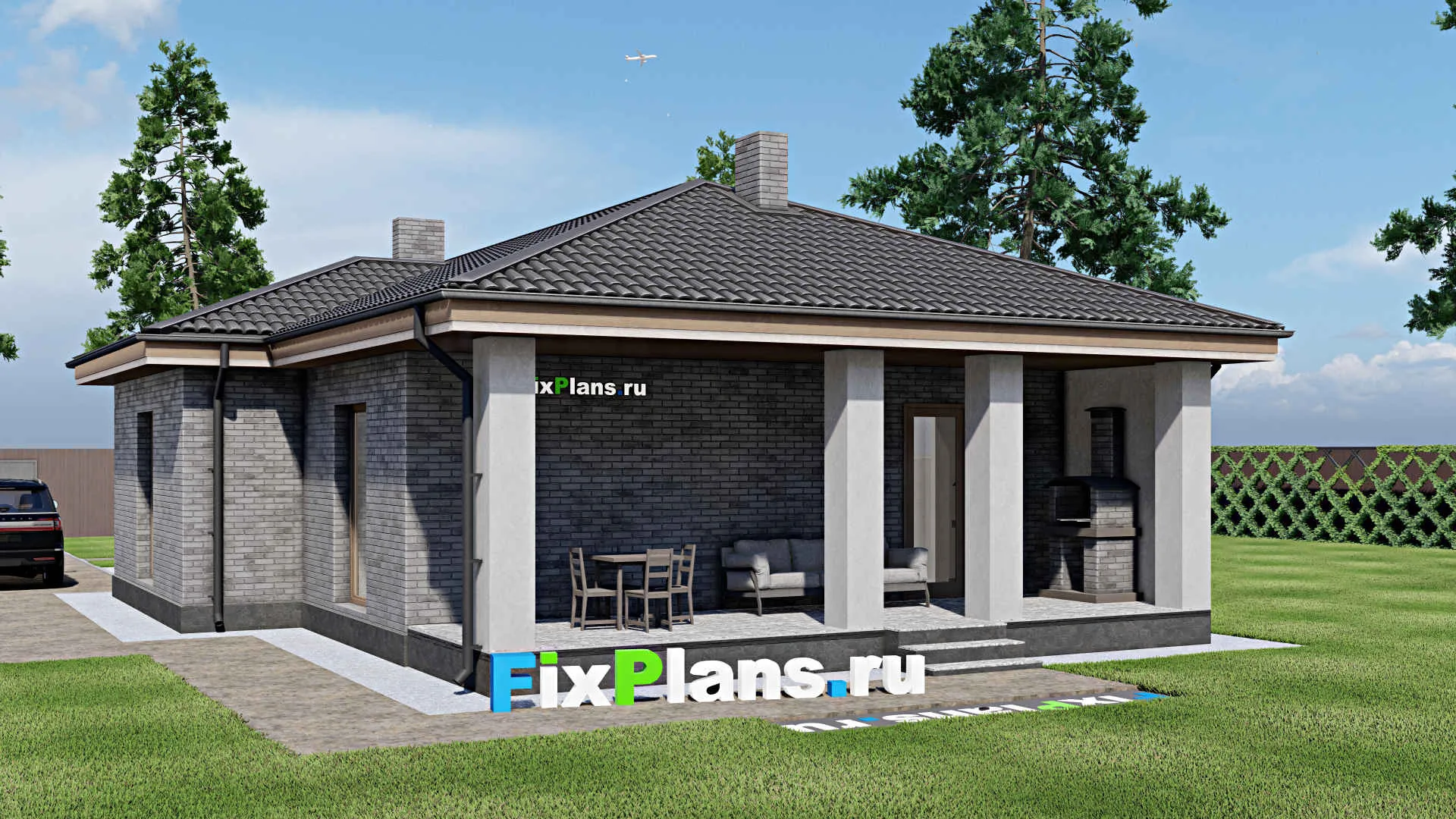 F-1700 - Проект одноэтажного дома 12 на 17, площадью 150 м² с террасой и 3 спальнями