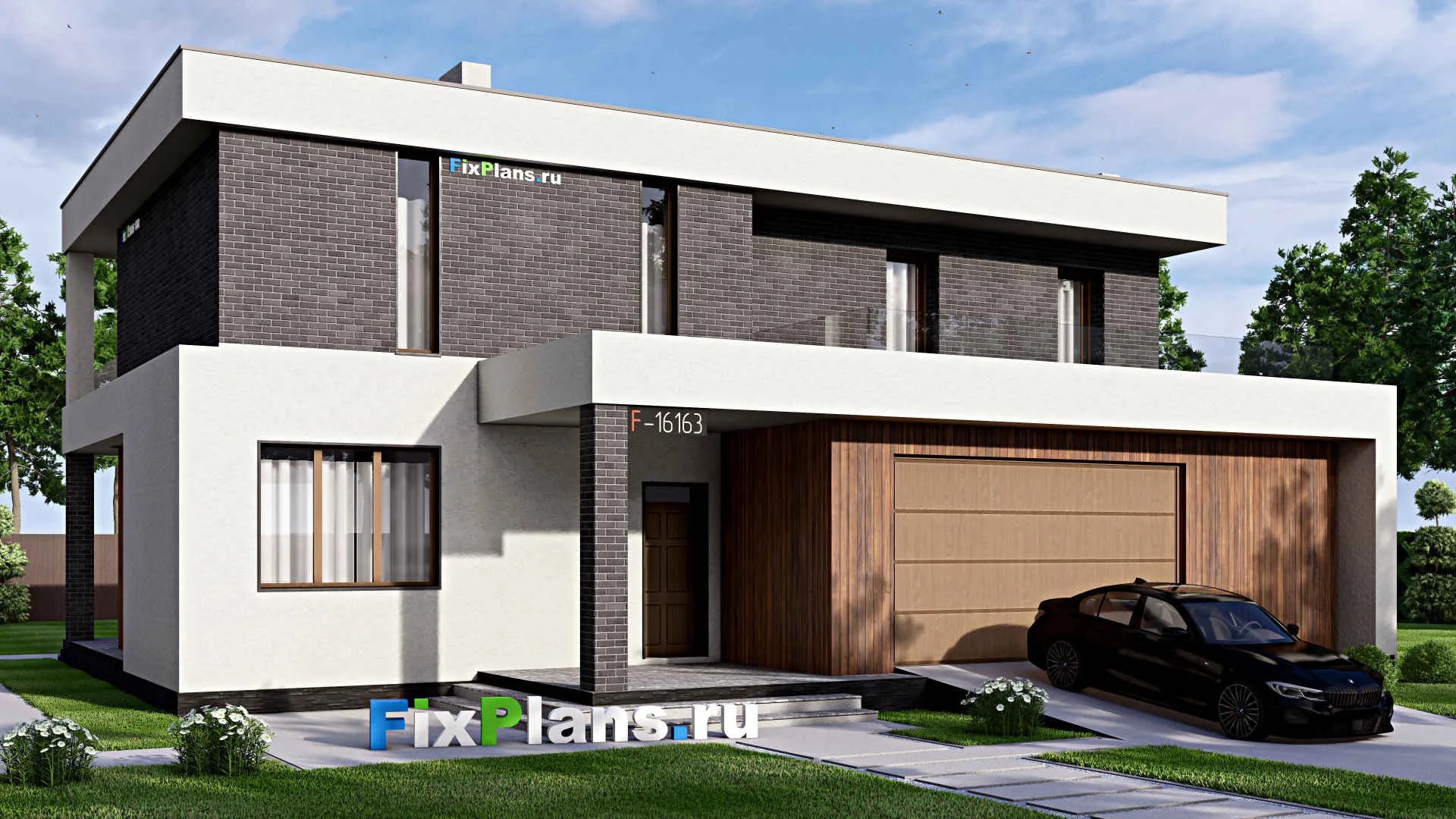 F-16163 - Проект двухэтажного дома 15 на 17, площадью 320 м² с террасой, балконом, гаражом на 2 машины и 4 спальнями