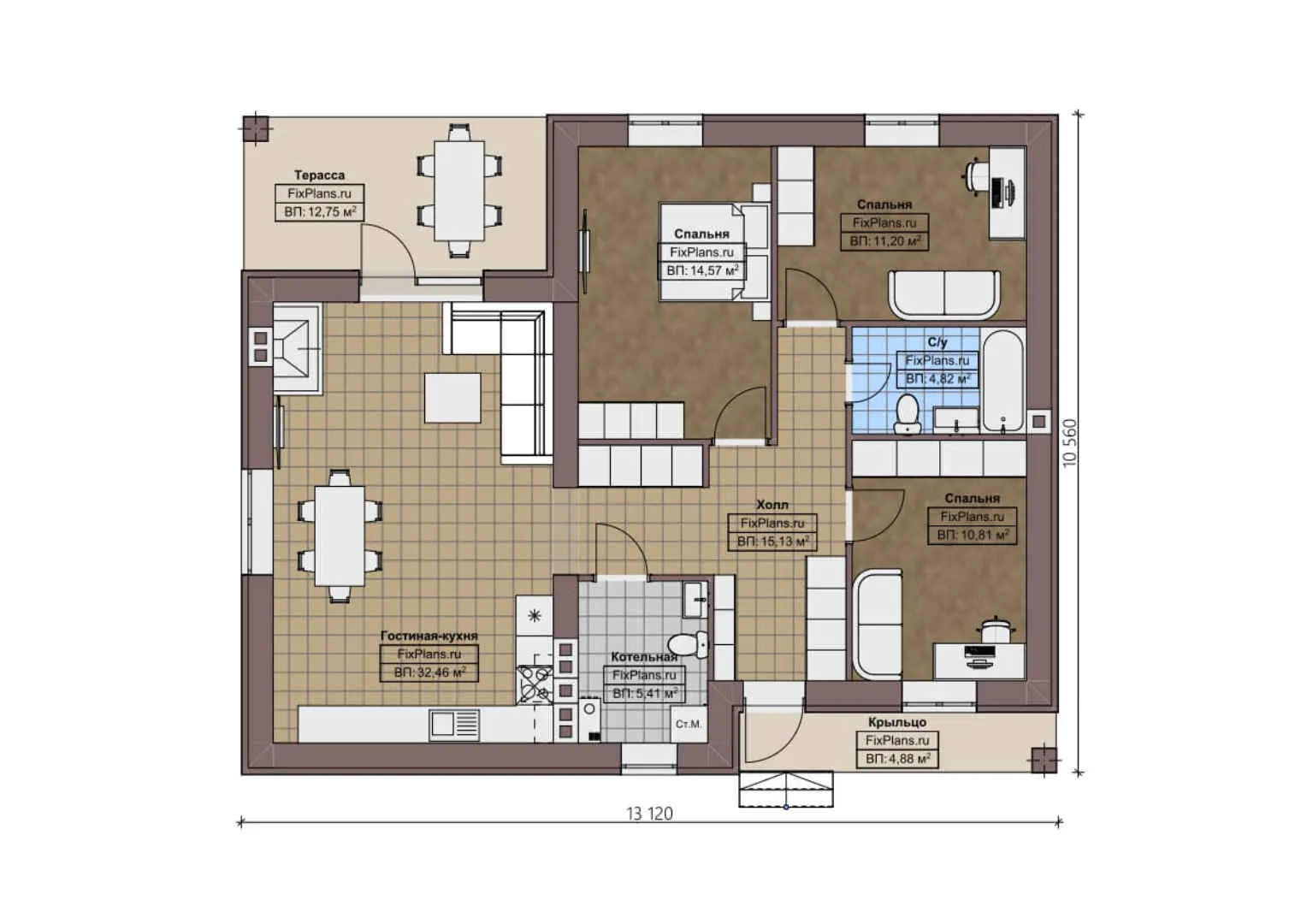 F-1457 - План одноэтажного дома 11 на 14, площадью 120 м² с террасой и 3 спальнями