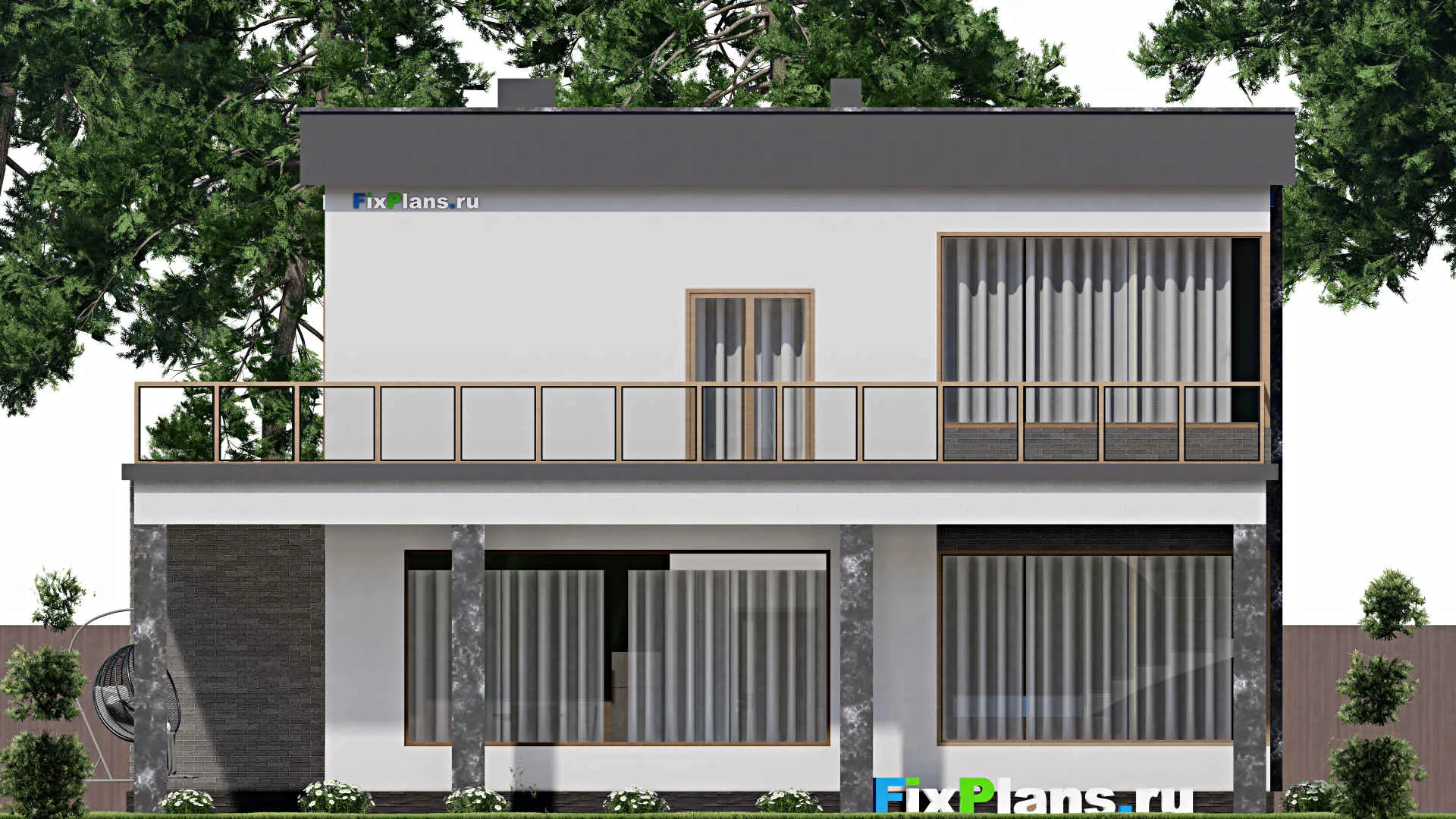 F-8855 - Планы двухэтажного дома 14 на 24, площадью 440 м² с террасой, балконом, гаражом на 2 машины и 6 спальнями