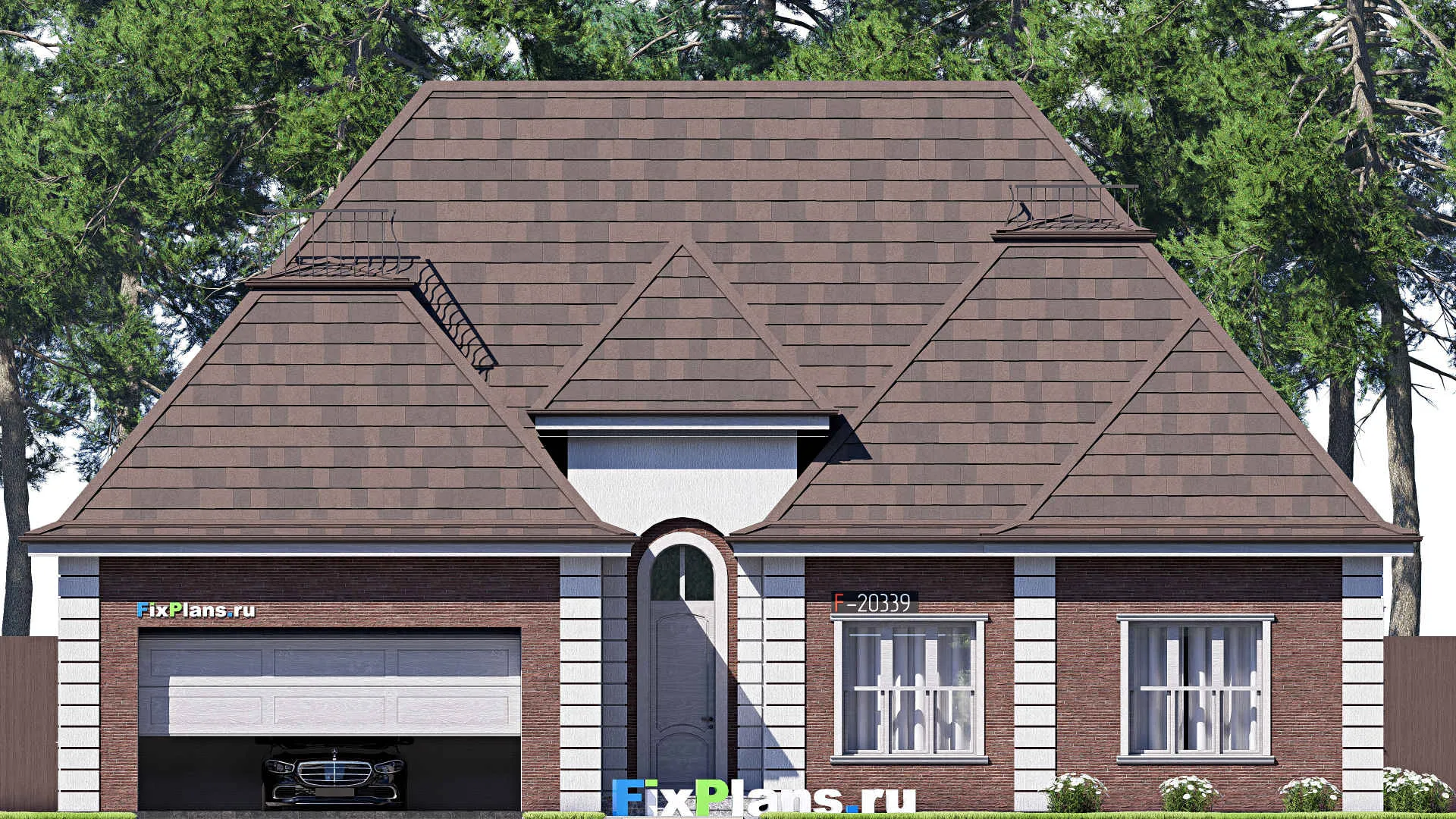 F-20339 - План одноэтажного дома 15 на 18, площадью 280 м² с цокольным этажом, баней, гаражом на 2 машины и 3 спальнями