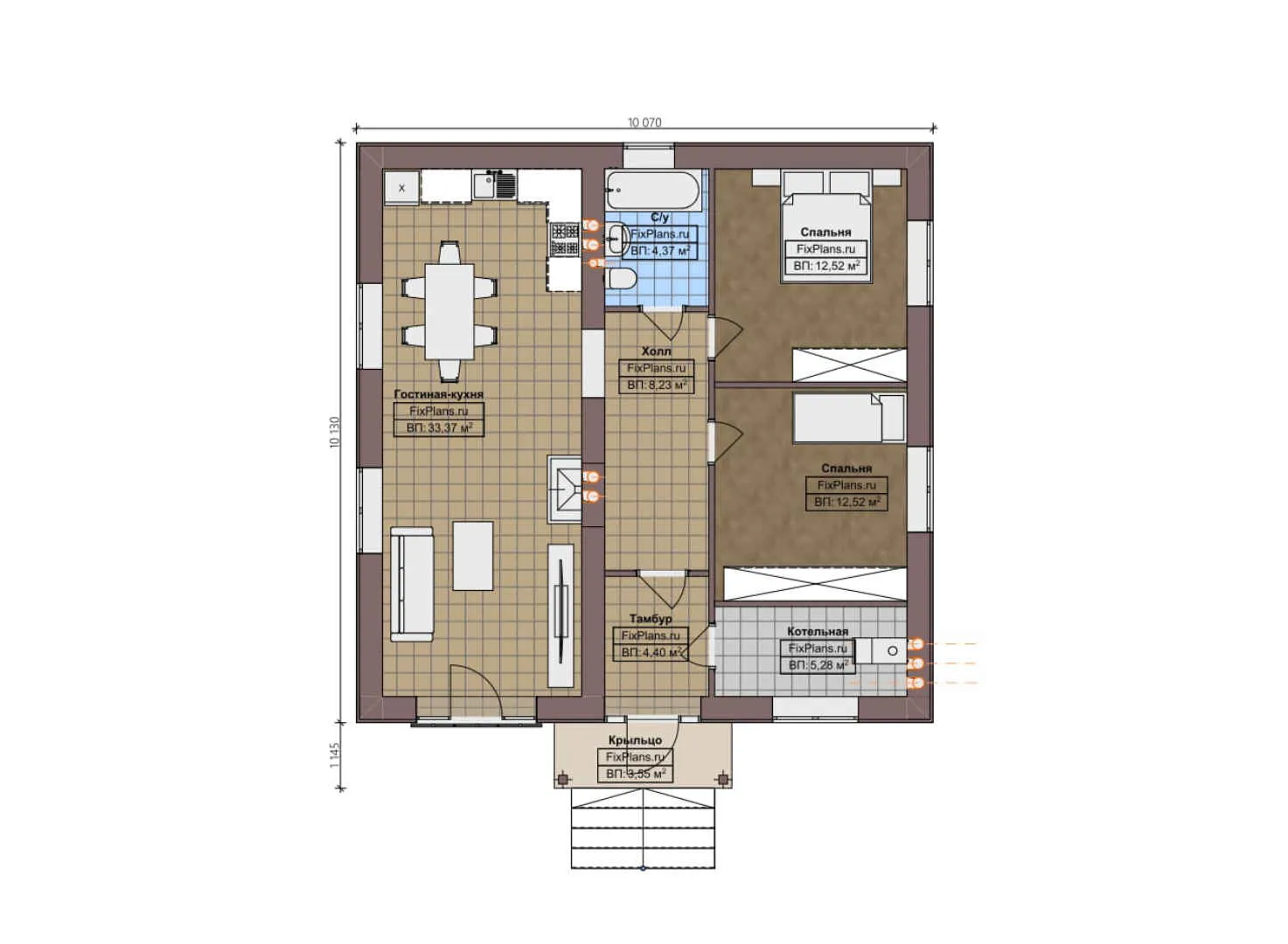F-4733 - План одноэтажного дома 11 на 11, площадью 90 м² с 2 спальнями