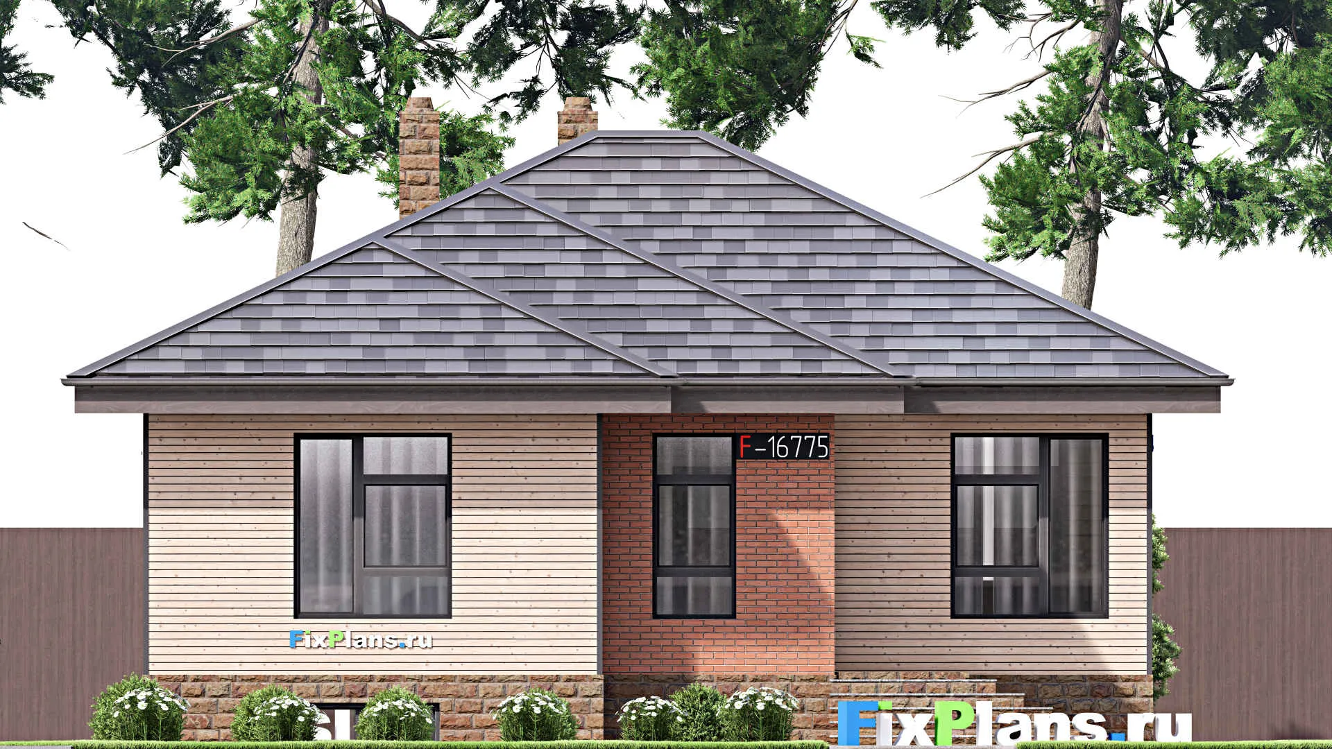 F-16775 - План одноэтажного дома 11 на 16, площадью 210 м² с террасой, цокольным этажом и 2 спальнями