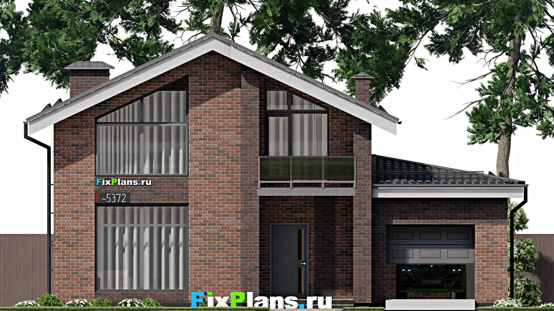 F-5372 - Планы дома с мансардой 13 на 13, площадью 200 м² с террасой, балконом, гаражом на 1 машину и 5 спальнями