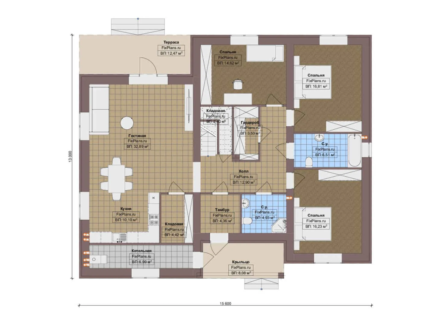 F-20258 - Планы дома с мансардой 13 на 16, площадью 300 м² с террасой и 5 спальнями