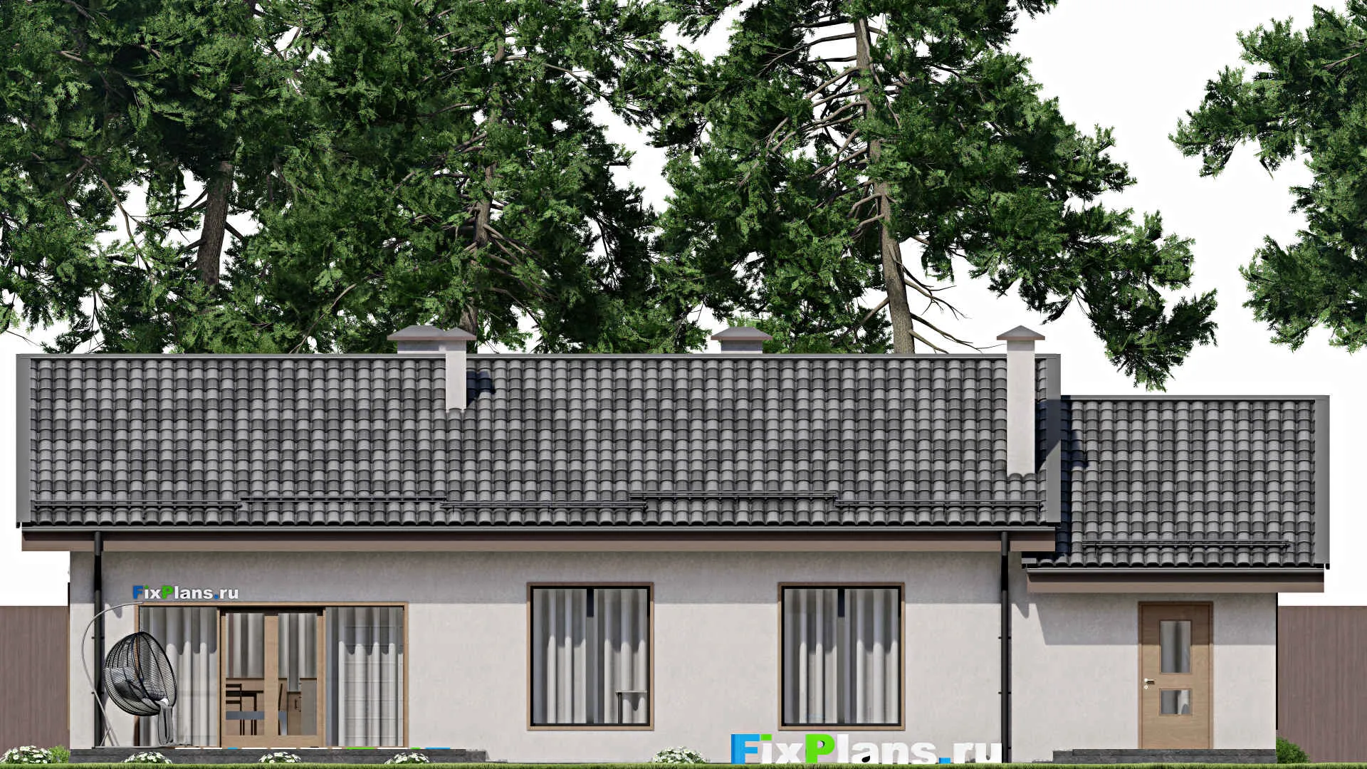 F-7595 - Проект одноэтажного дома 10 на 15, площадью 160 м² с террасой, гаражом на 1 машину и 3 спальнями