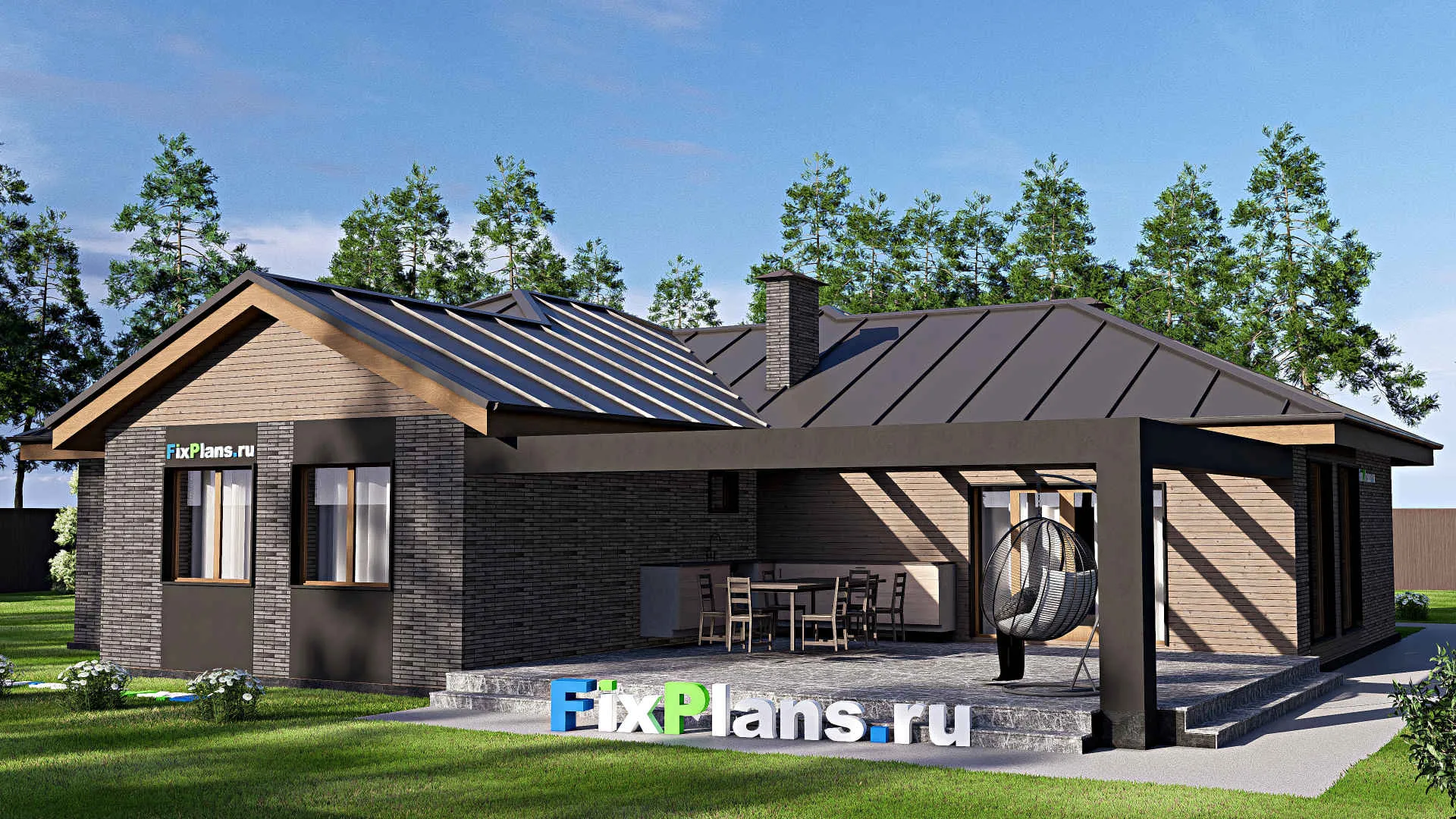 F-19403 - План одноэтажного дома 18 на 19, площадью 230 м² с террасой, гаражом на 1 машину и 4 спальнями