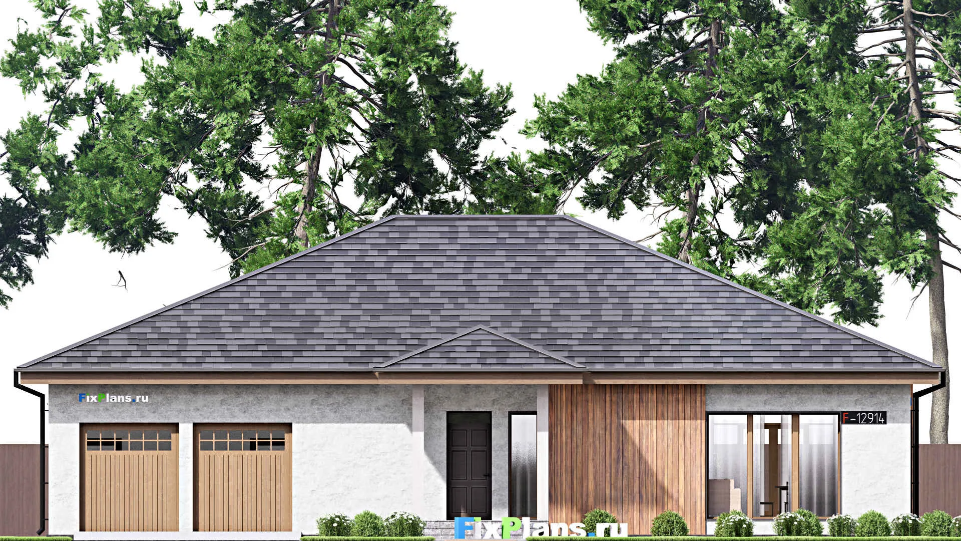 F-12914 - План одноэтажного дома 17 на 20, площадью 360 м² с террасой, цокольным этажом, баней, гаражом на 1 машину и 2 спальнями