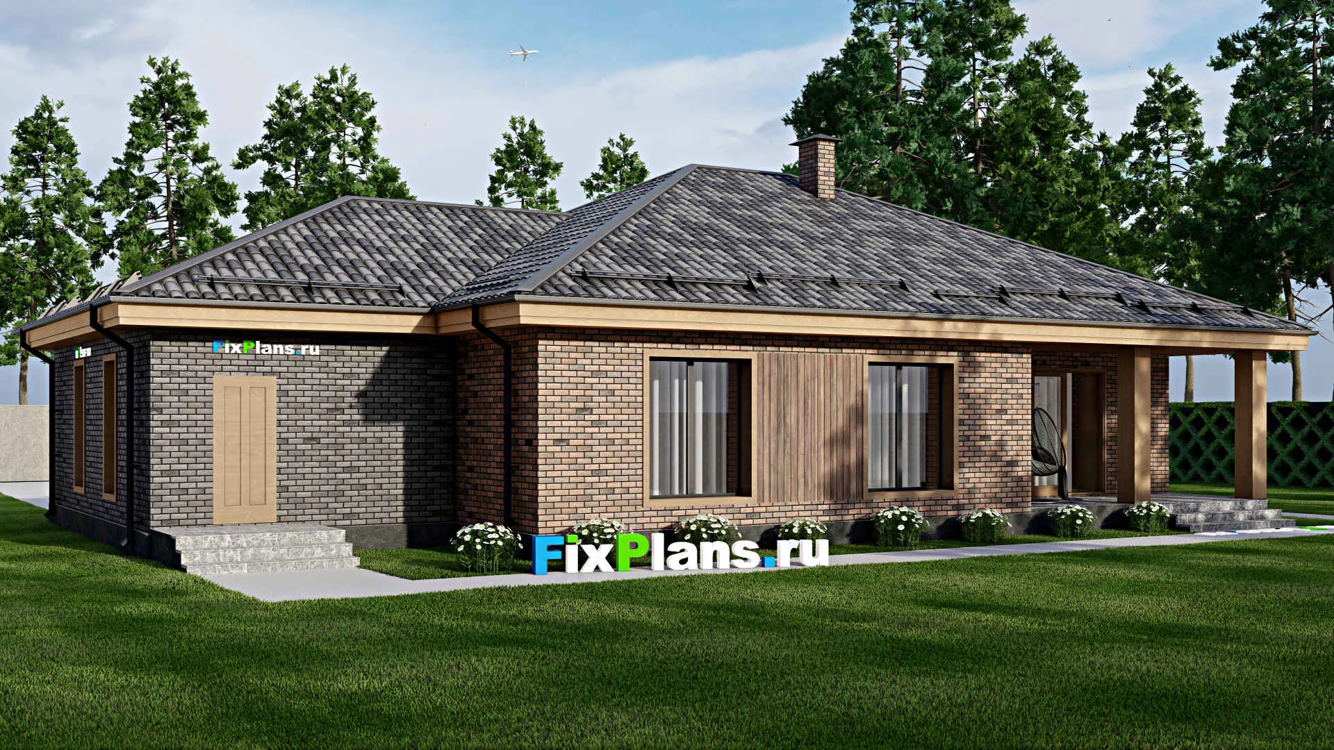 F-8657 - План одноэтажного дома 14 на 20, площадью 190 м² с террасой, гаражом на 1 машину и 3 спальнями