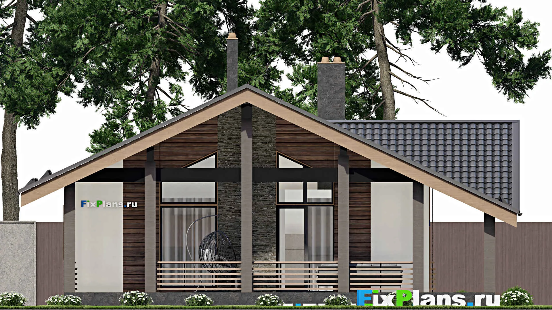 F-5174 - Проект одноэтажного дома 11 на 11, площадью 140 м² с террасой и 1 спальнями