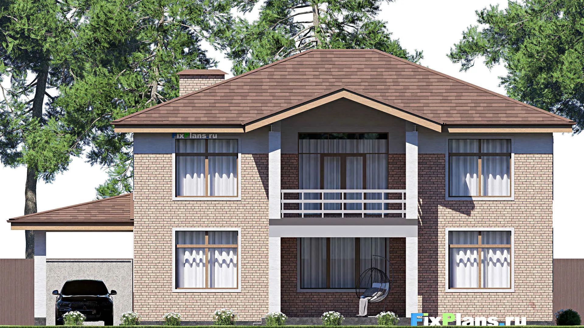 F-17063 - Планы двухэтажного дома 18 на 18, площадью 290 м² с террасой, балконом и 5 спальнями